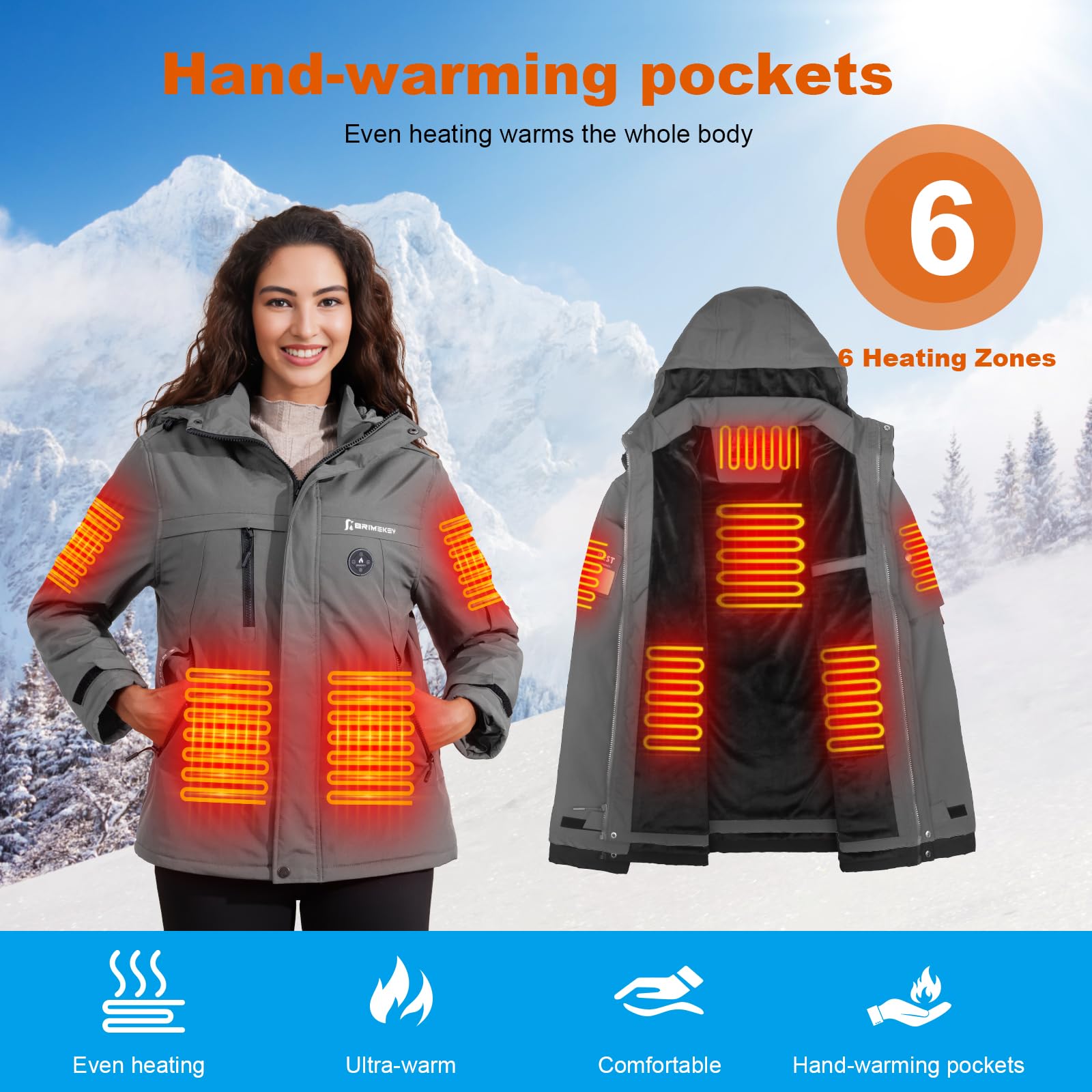 Giubbotto Riscaldato Donna in Fleece con Cappuccio, Impermeabile e Antivento, 6 Zone di Riscaldamento, Batteria 20000mAh, 3 Livelli Temperatura, Giacca Riscaldata per Sci, Snowboard, Campeggio