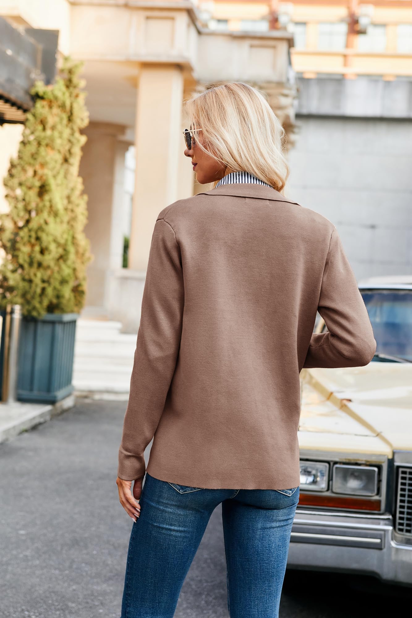 GRACE KARIN Maglione da Donna con Risvolto Cardigan Manica Lunga Button Down Maglione Classico con Tasche