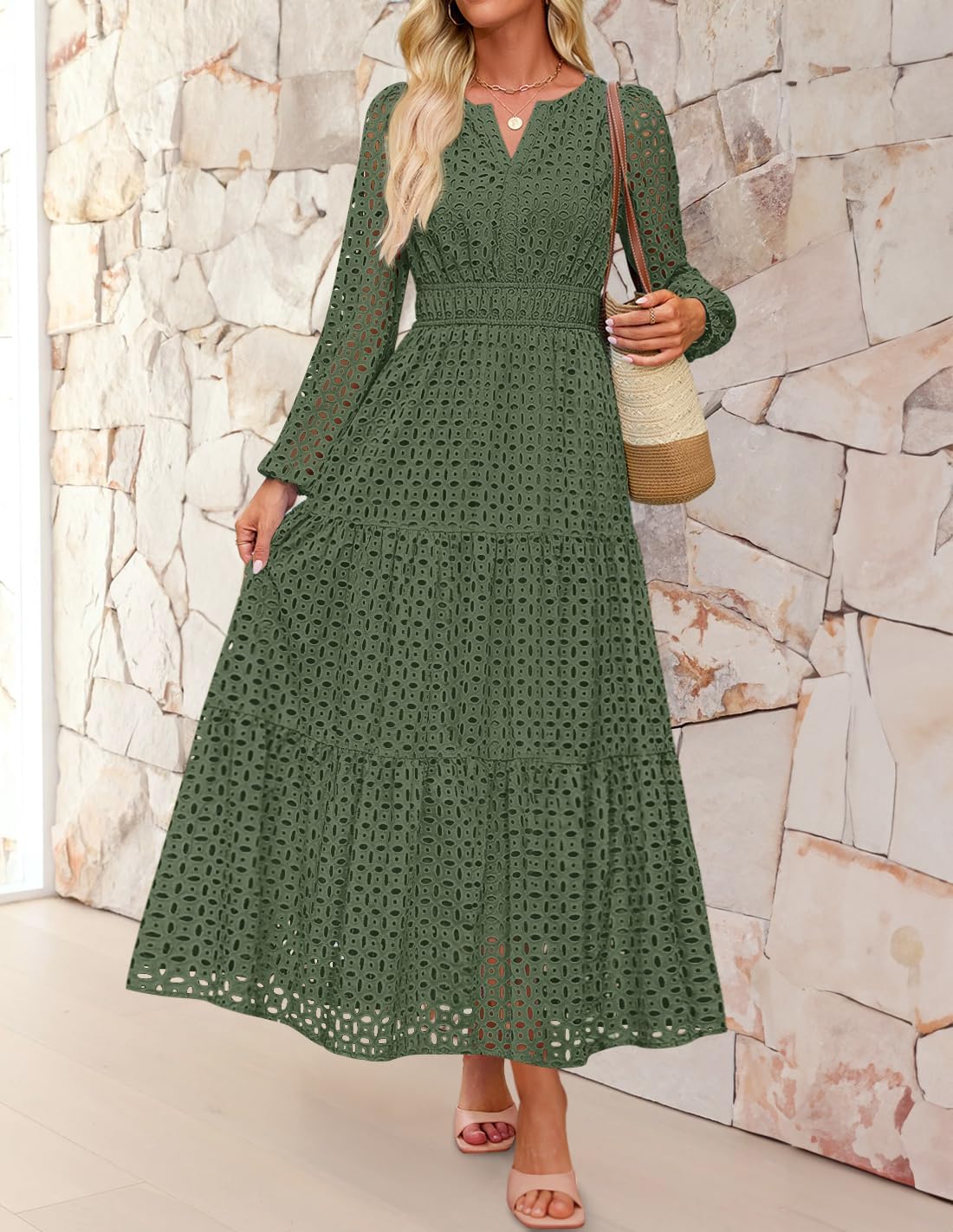 ZESICA Women's 2026 Spring Long Sleeve Maxi Dress V Neck Hollow Out Eyelet A Line Long Flowy Casual Party Dresses - Image 2