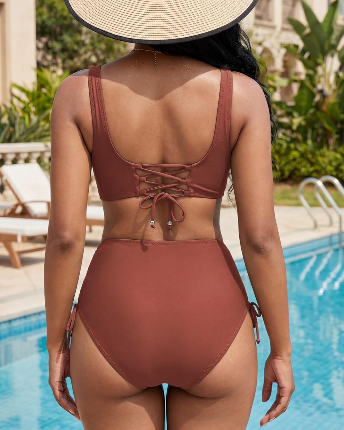 Women's High Waisted Two Piece Swimsuit Twist Front V Neck Push Up Bikini Sets Padded Bathing Suit Swimwear
