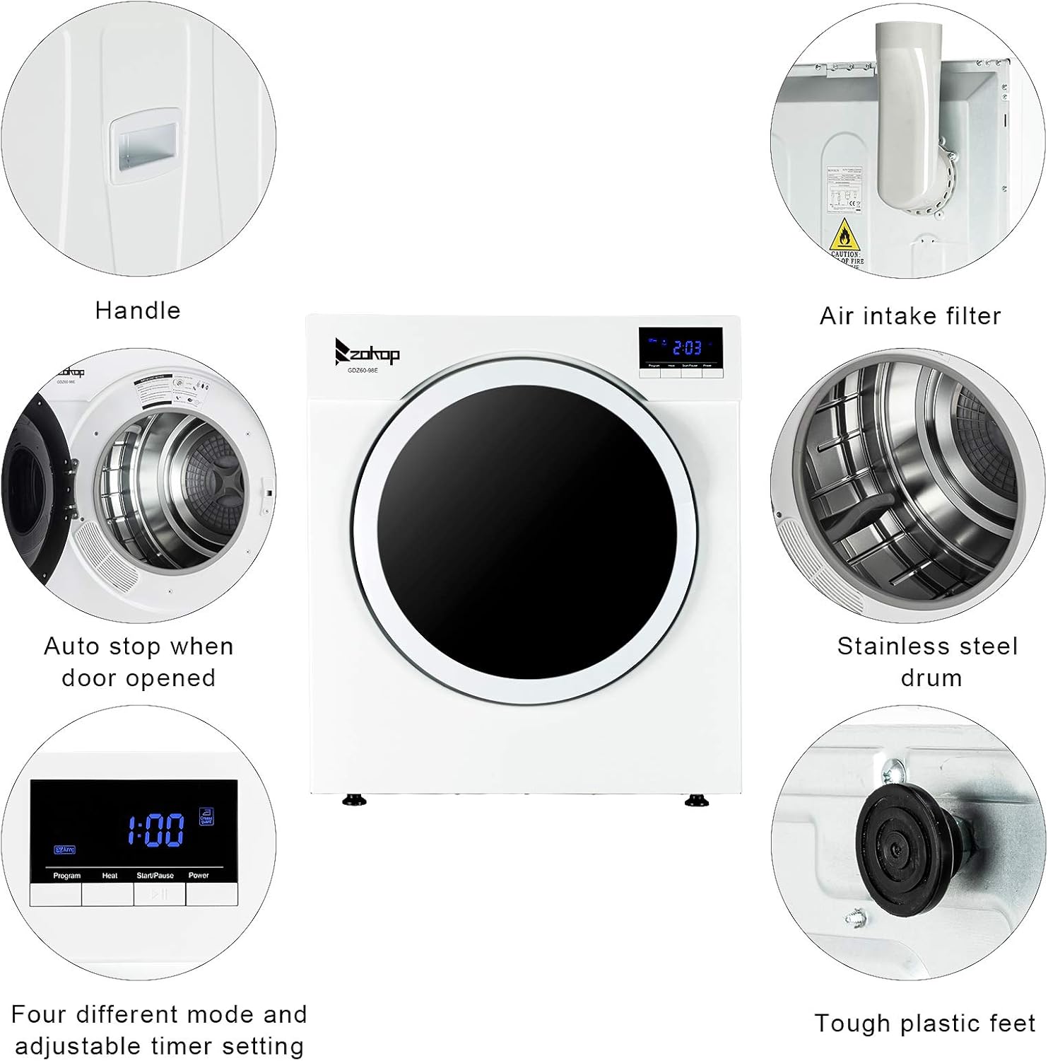 Diagram showing various components of the Zokop GDZ60-98E dryer including handle, air intake filter, auto stop feature, stainless steel drum, LED control panel, and tough plastic feet.