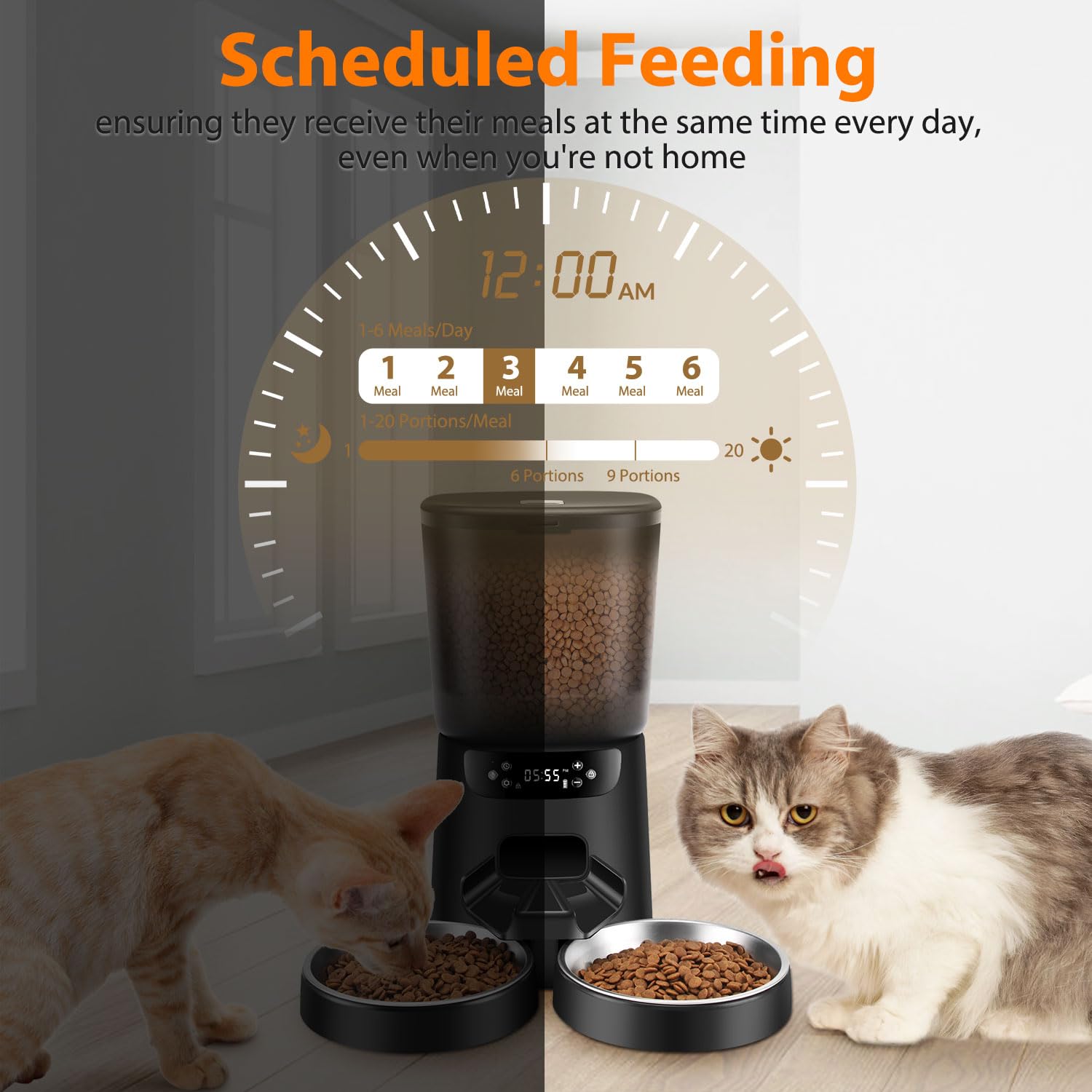 Automatic Cat Feeder and Water Dispenser Set, 5L/20 Cups Timed Cat Dry Food Dispenser, 2L Cats Water Fountain for Drinking with Filter, 10s Meal Call, 20 Portions 6 Meals Per Day - image 4