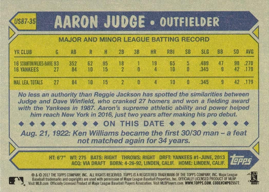 2017 Topps Update 1987 Baseball #US87-35 Aaron Judge Rookie Card