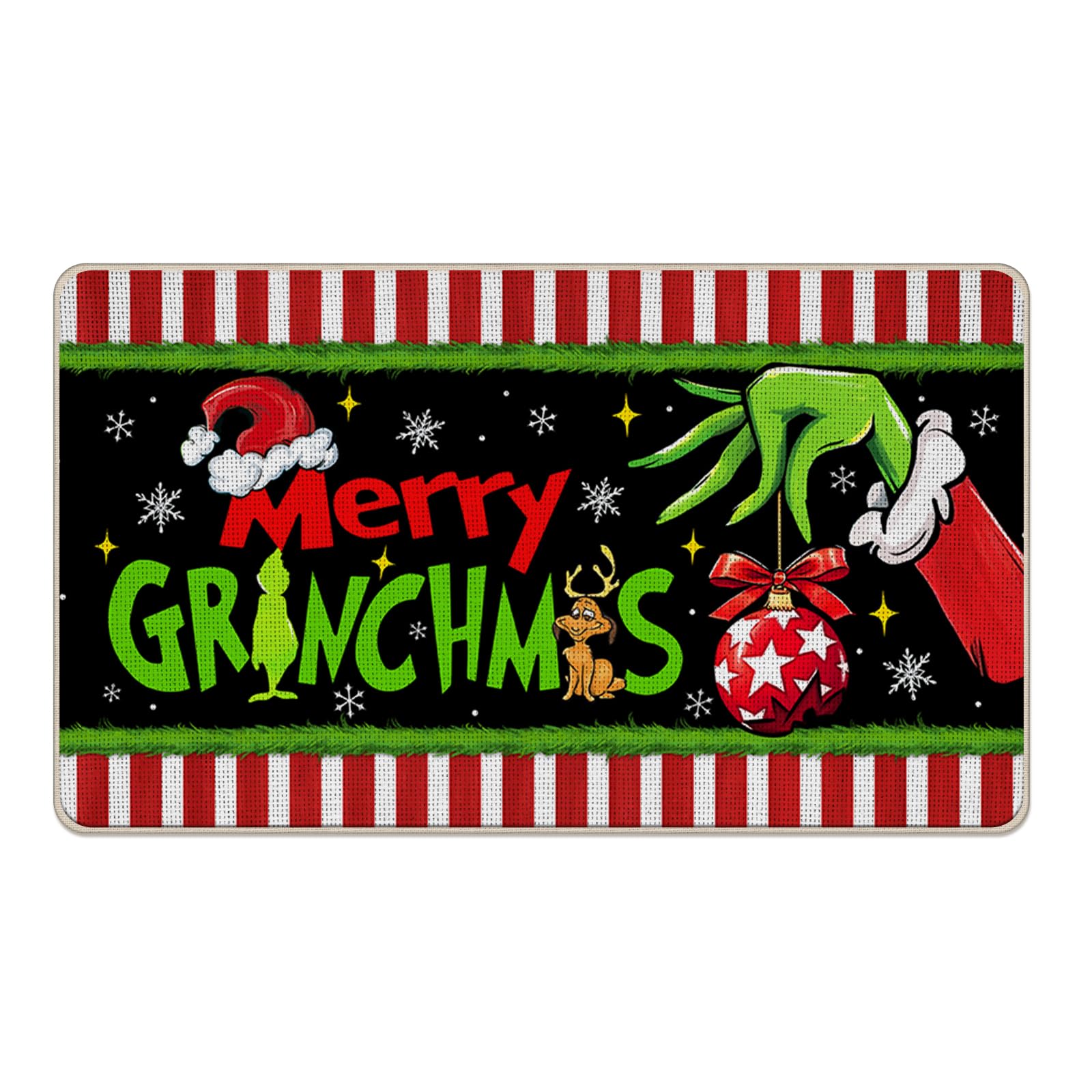 Livcoz Merry Christmas Welcome Front Door Mat, Funny Xmas Ball Santa Hat Max Dog Decorative Doormat Non-Slip Floor Entryway Rug, Winter Holiday Indoor Outdoor Home Kitchen Decoration 17x29 Inches