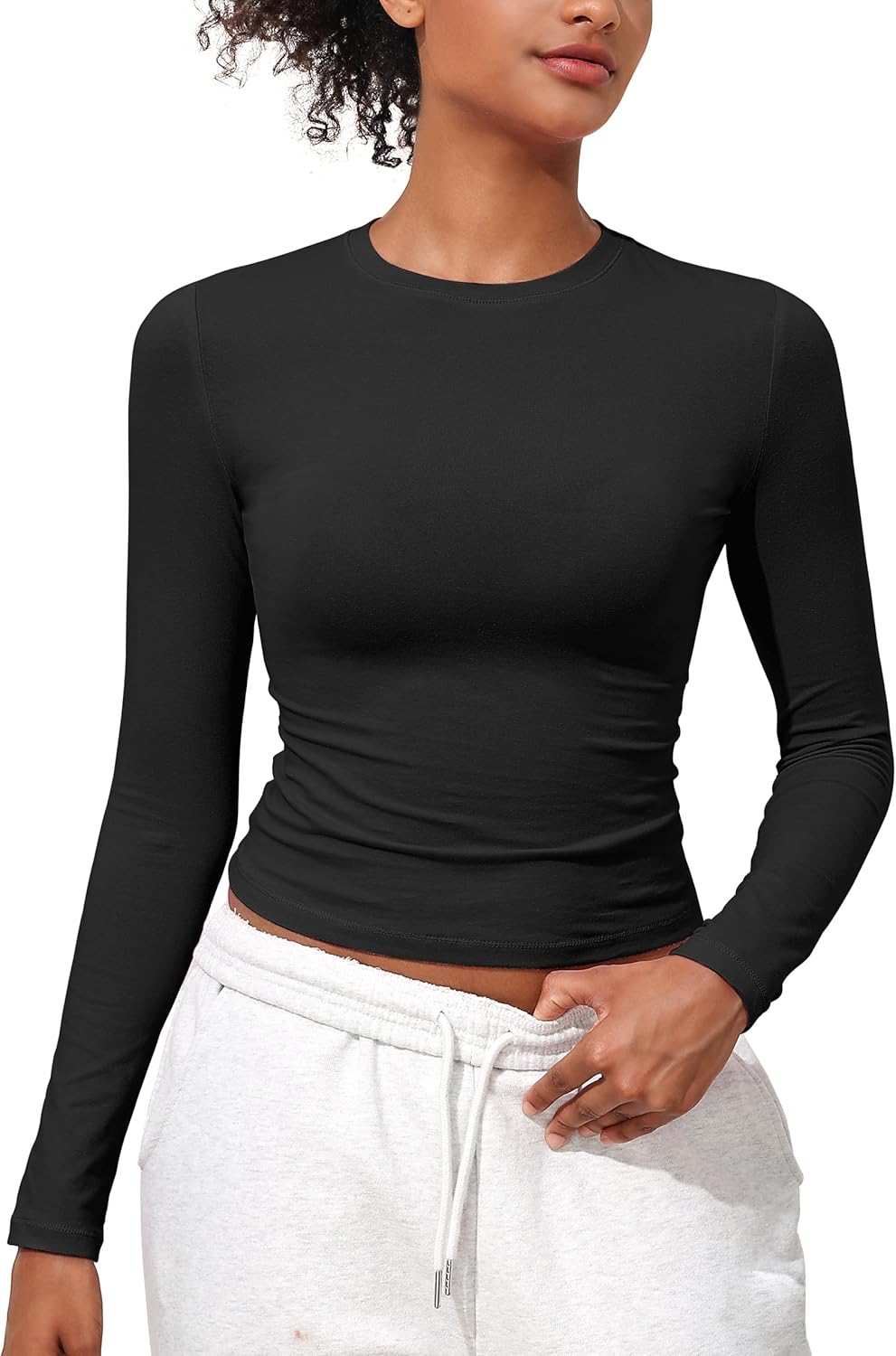 Hilor Women's Cotton Long Sleeve T Shirts Crew Neck Tight Fitted Baby Tee Basic Y2K Crop Top Going Out Tops