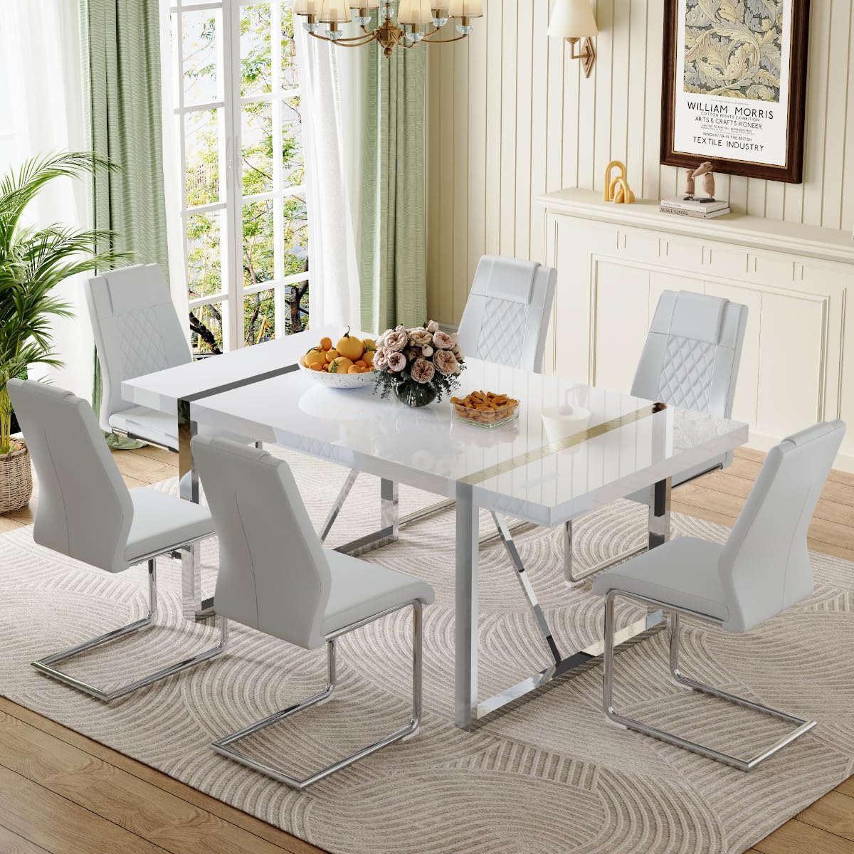 Dining Table Set for 6, 71" Modern Dining Set Table and 6 Chairs, Kitchen Table Chairs Set of 6 with White High-Gloss Lacquered Tabletop & Electroplated Metal Frame, Dinner table Set for Dining Room.