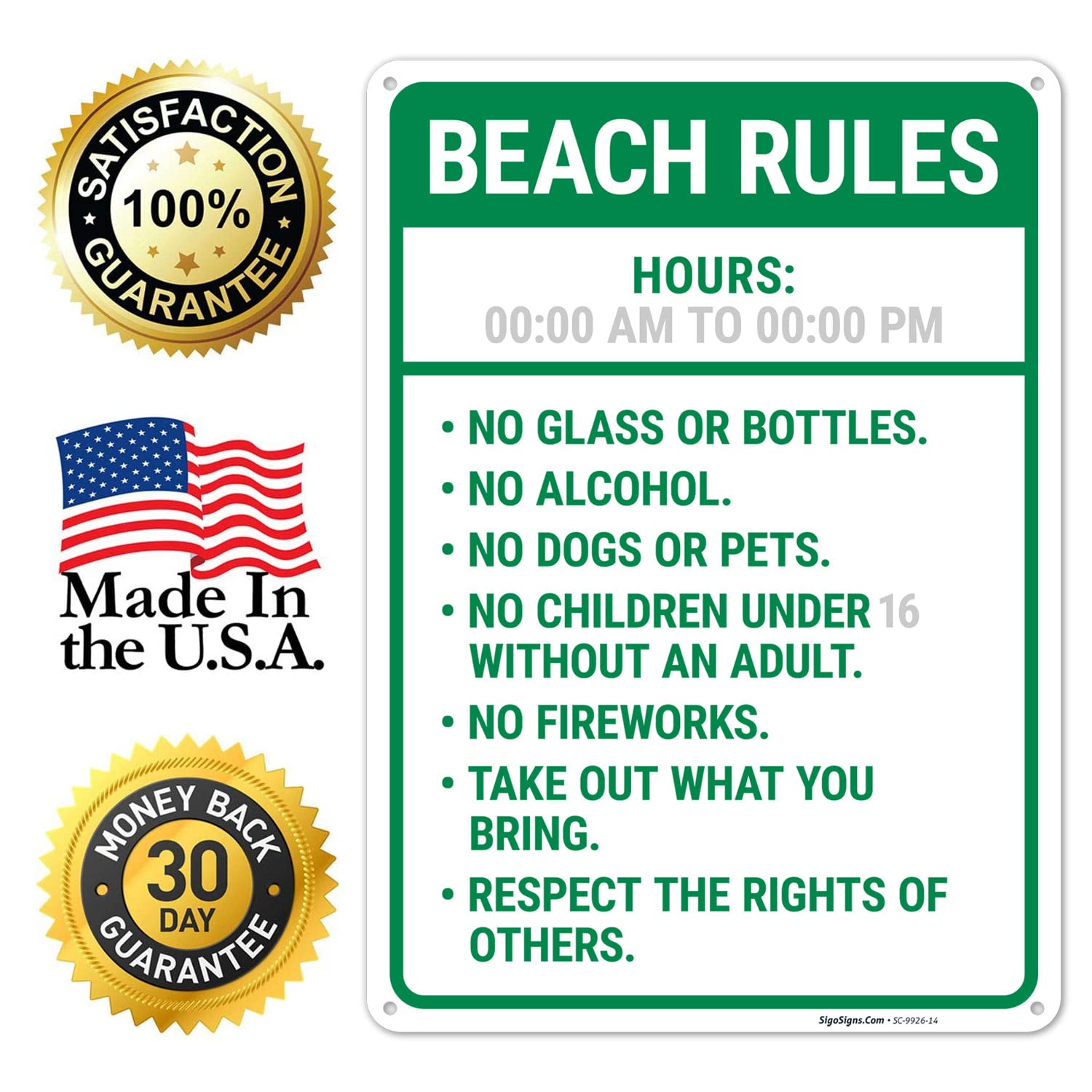 Custom Beach Rules Hours 10x14 Inches, Rust Free .040 Aluminum, Fade Resistant, Made in USA