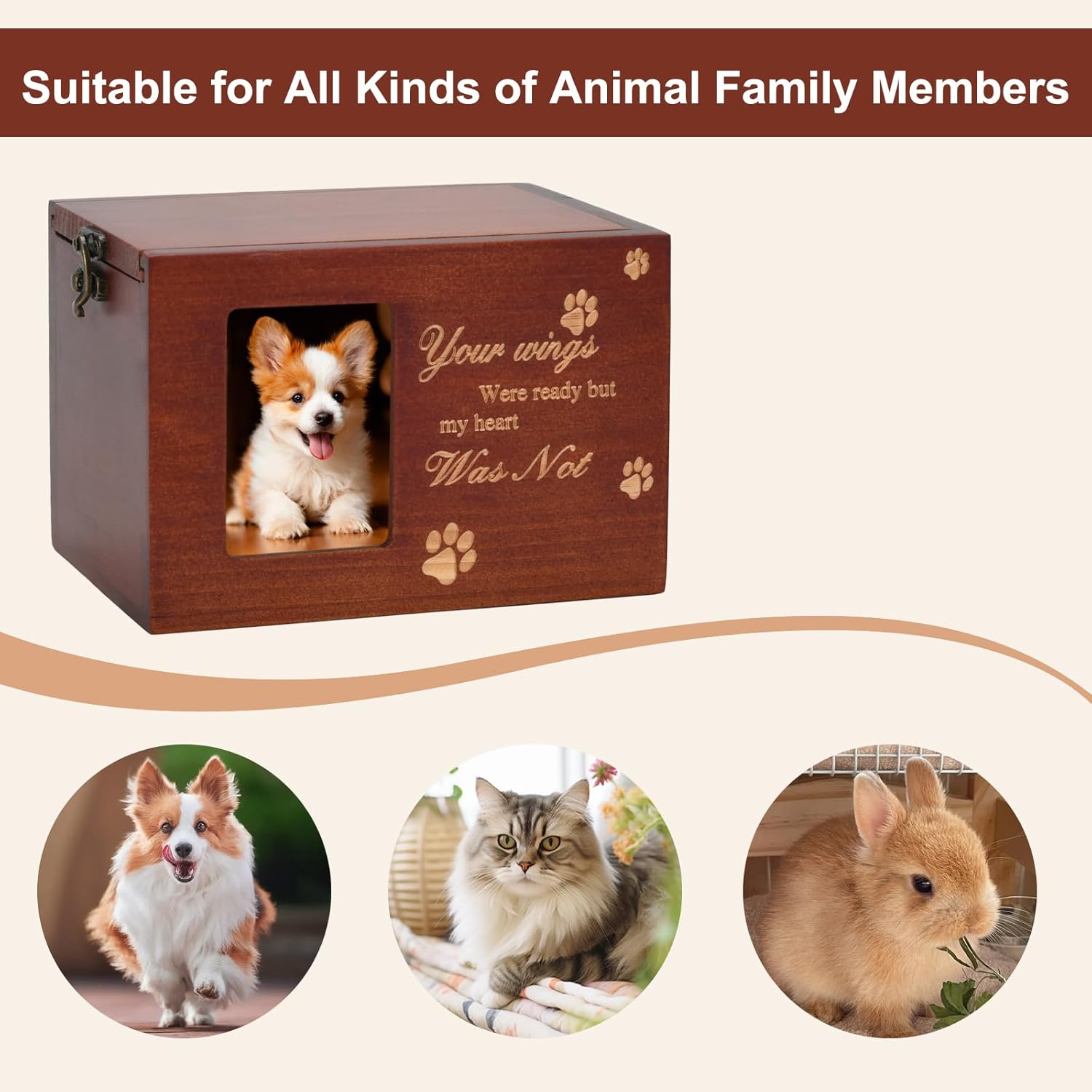Pet Memorial Urns for Dog or Cat Ashes, Large Wooden Funeral Cremation Urns with Photo Frame, Keepsake Memory Box with Flannel Lining (Brown)