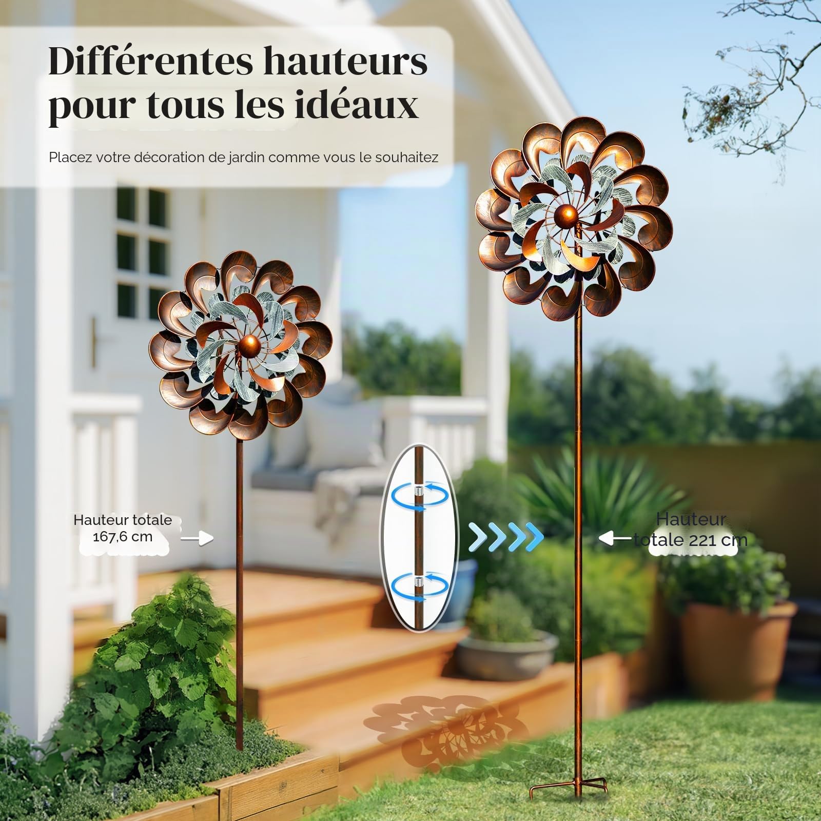 Pure Echo Moulin à Vent pour décoration de Jardin d'extérieur, Cour et Jardin, Sculptures à Vent en cuivre de 213,4 cm pour décorations de Cour – Grandes toupies