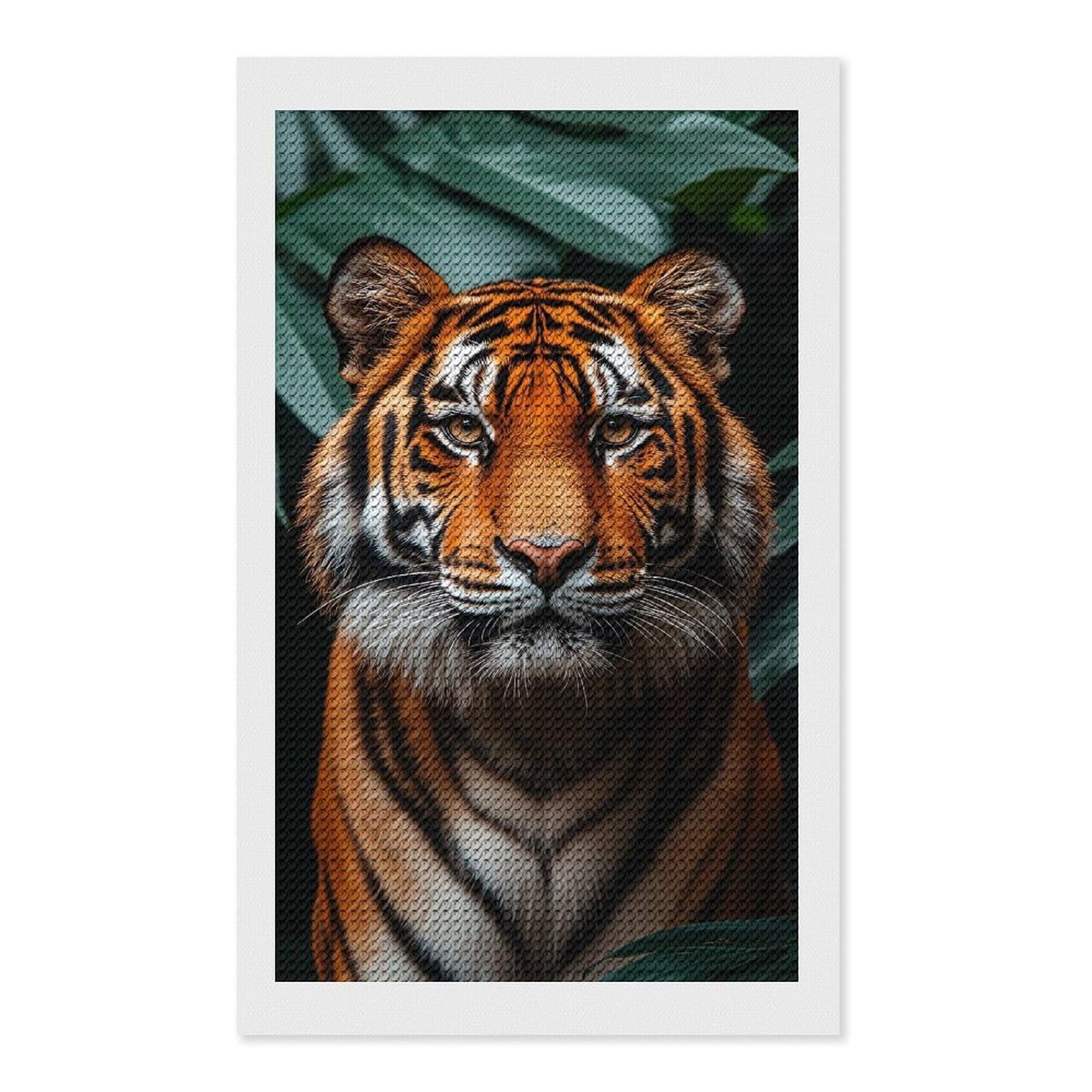 Junmoney Majestic Tiger Portrait in Lush Foliage Diamond Art Kit 12"x20", Neat Printed Canvas, Finish and Display, Relaxing DIY Hobby, Living Room Decor