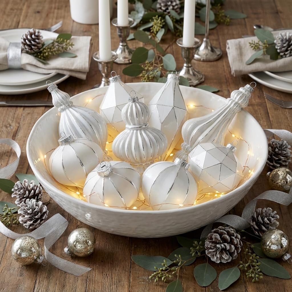 Valery Madelyn Glass Christmas Ornaments Set, 8ct White and Silver Hanging Ornaments for Christmas Trees, Elegant Xmas Decorations Ball Ornaments Bulk for Holiday Decor