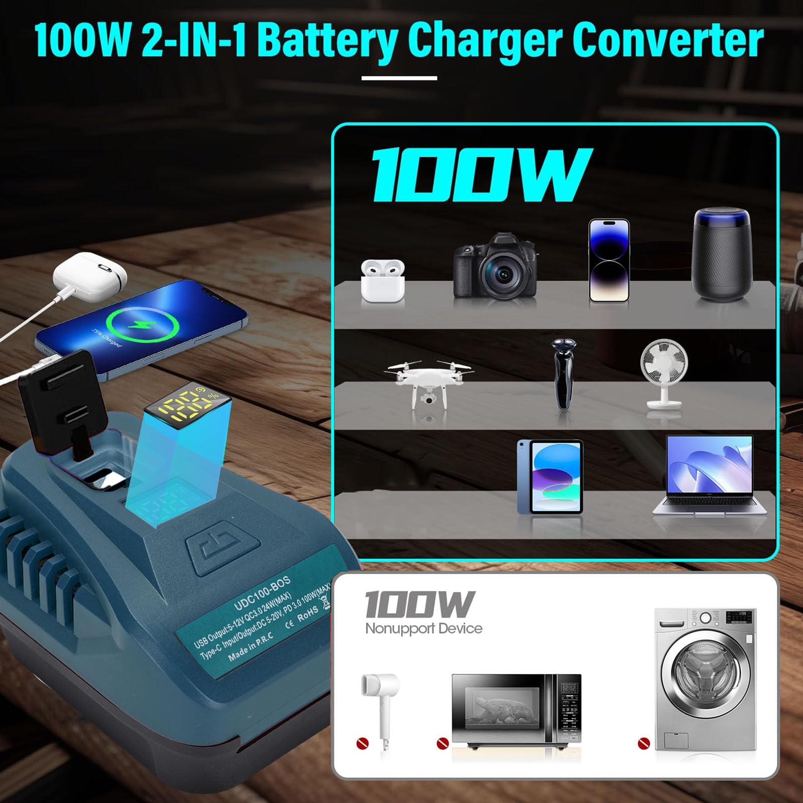 Convertidor doble cargador de carga rápida de 100 W, pantalla LED para batería BAT609 18 V Li, teléfono y tableta