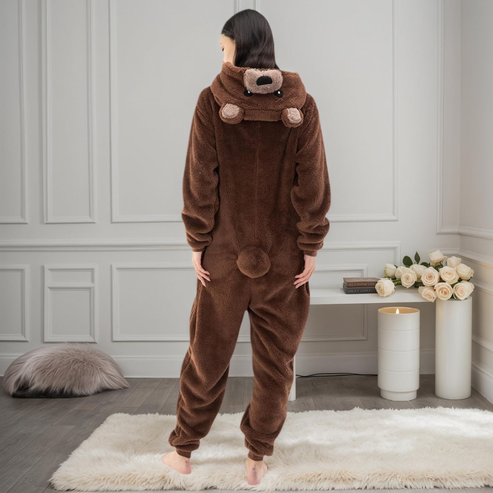 Pijamas de una pieza para adultos, mono cálido y lindo de oso, disfraces de animales con cremallera para mujeres, hombres, invierno..