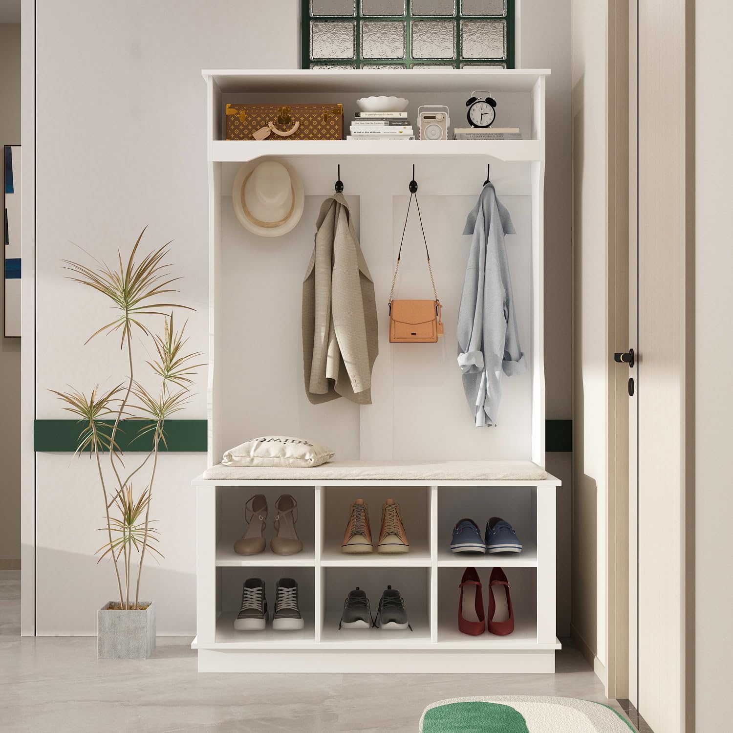 AIEGLE Entryway Hall Tree with Shoe Bench, 3-in-1 Hallway Hall Tree with Coat Rack, 6 Shoe Storage Cubes and 4 Hanging Hooks, White (39.8" L x 17.3" W x 67.1" H) : Home & Kitchen