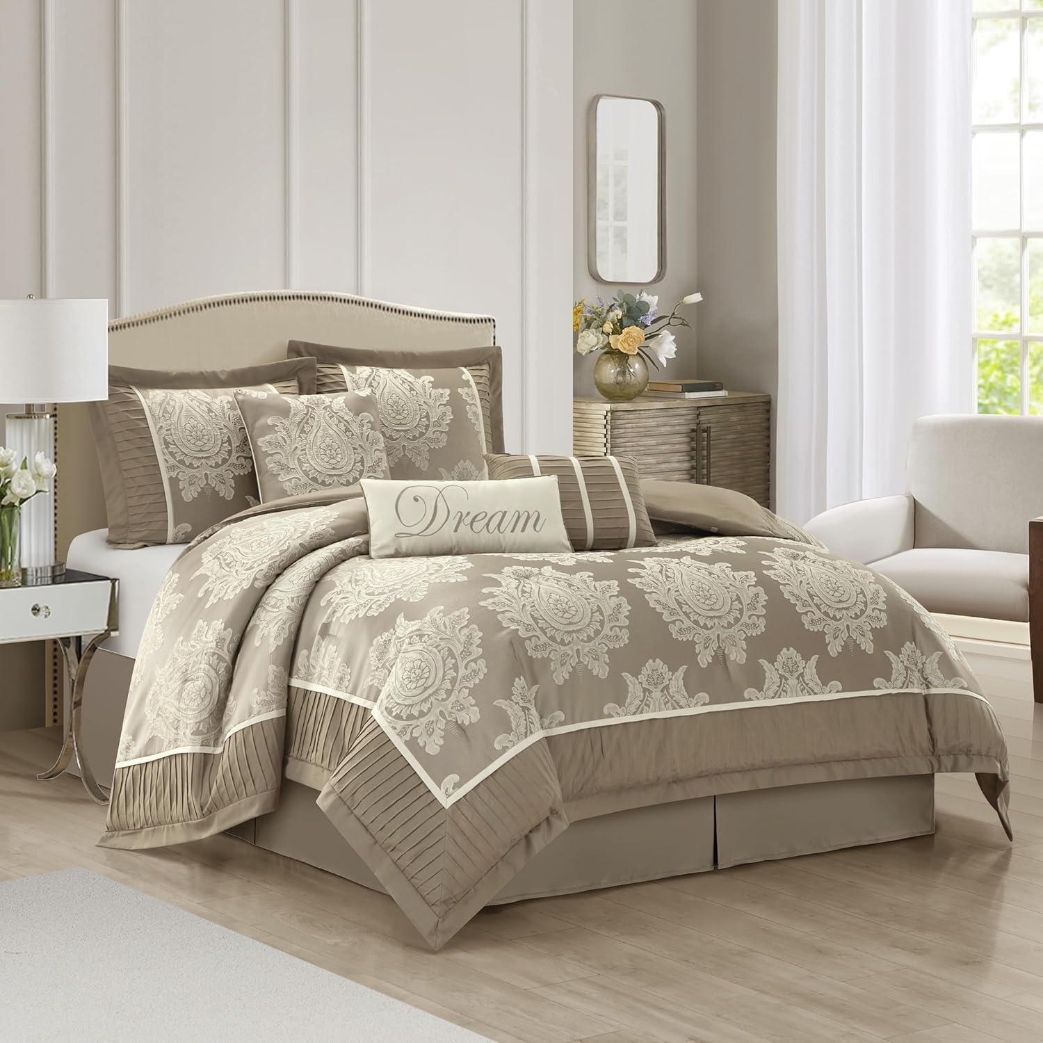Grand Avenue Beige Comforter Set King Size, Jacquard with Matching Solid Piecework Bedding Set, All Season, Bedskirt, Pillows & Shams