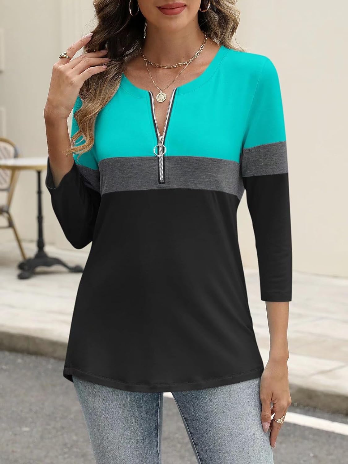 ORANDESIGNE Women’s 3/4 Length Sleeve Tops Summer Color Block Zipper T Shirts Casual Ladies Tees - Image 3