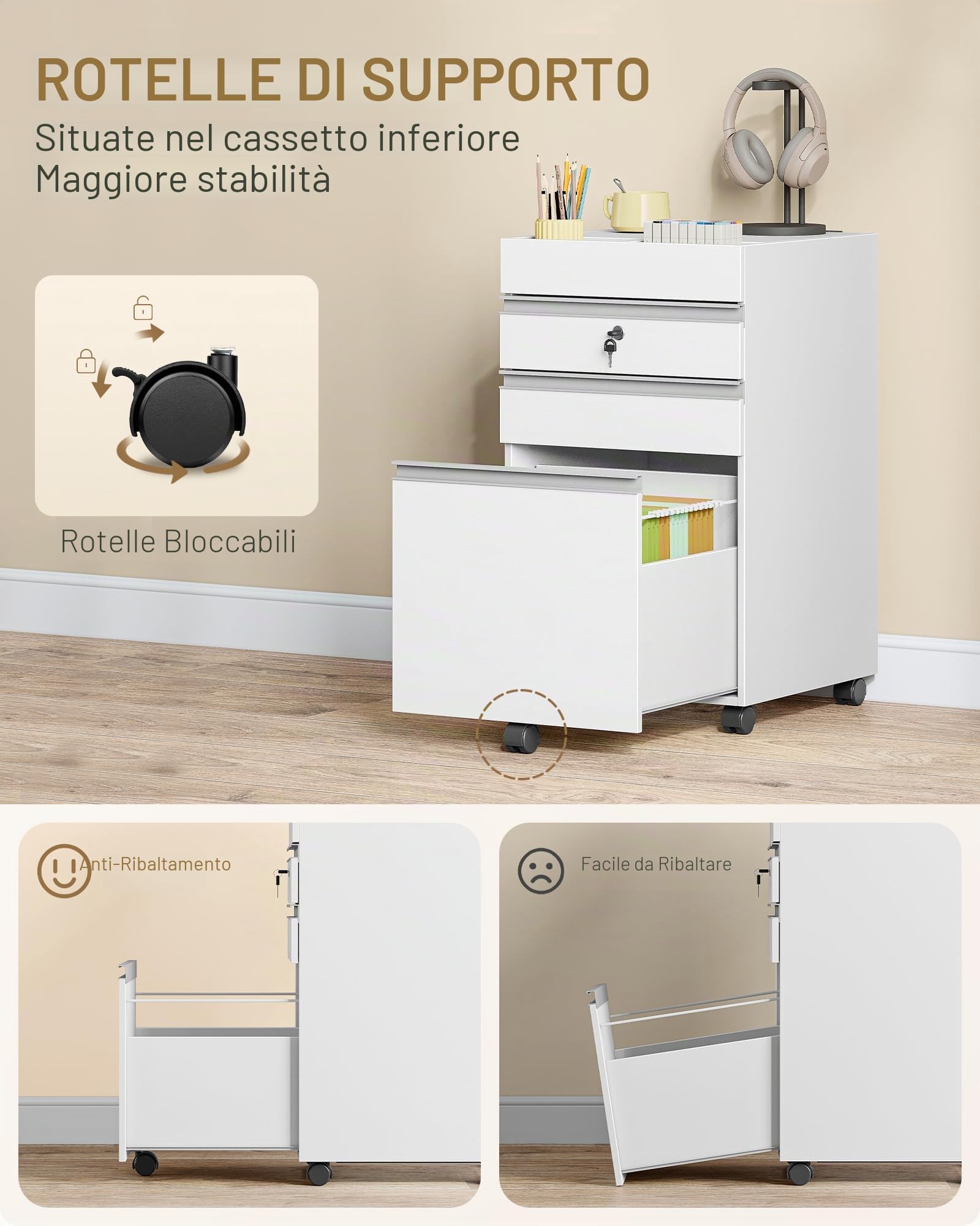 Hzuaneri Cassettiera Scrivania con Ruote, 3 Cassetti e Serrature, Mobile Porta Stampante, Ufficio, Studio, 40 x 40 x 70, Bianco FC41003X