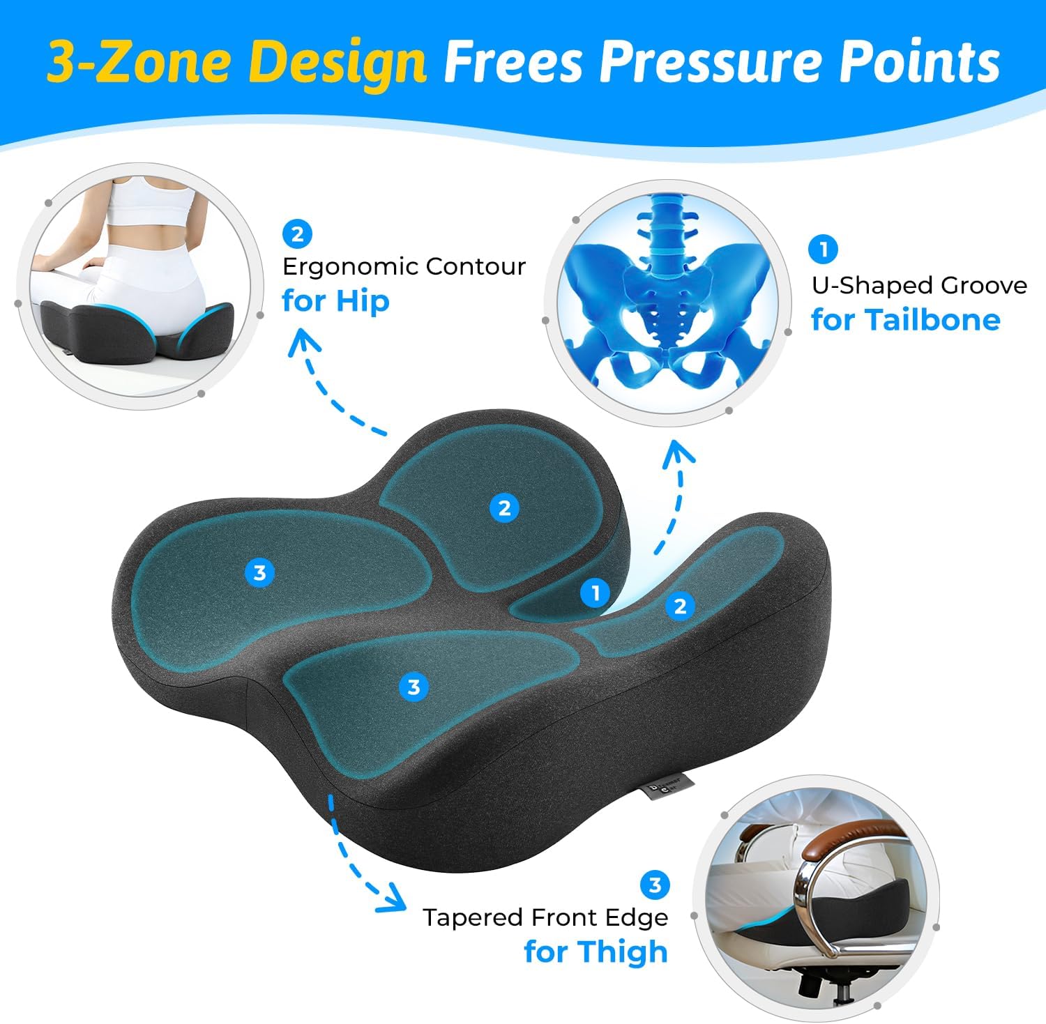 Seat Cushion for Tailbone & Sciatica Pain Relief - Plush Yet Supportive Ergonomic Memory Foam Chair Cushions for Office Chair, Car, Wheelchair,Airplane & Long Sitting (Gray) - Image 4