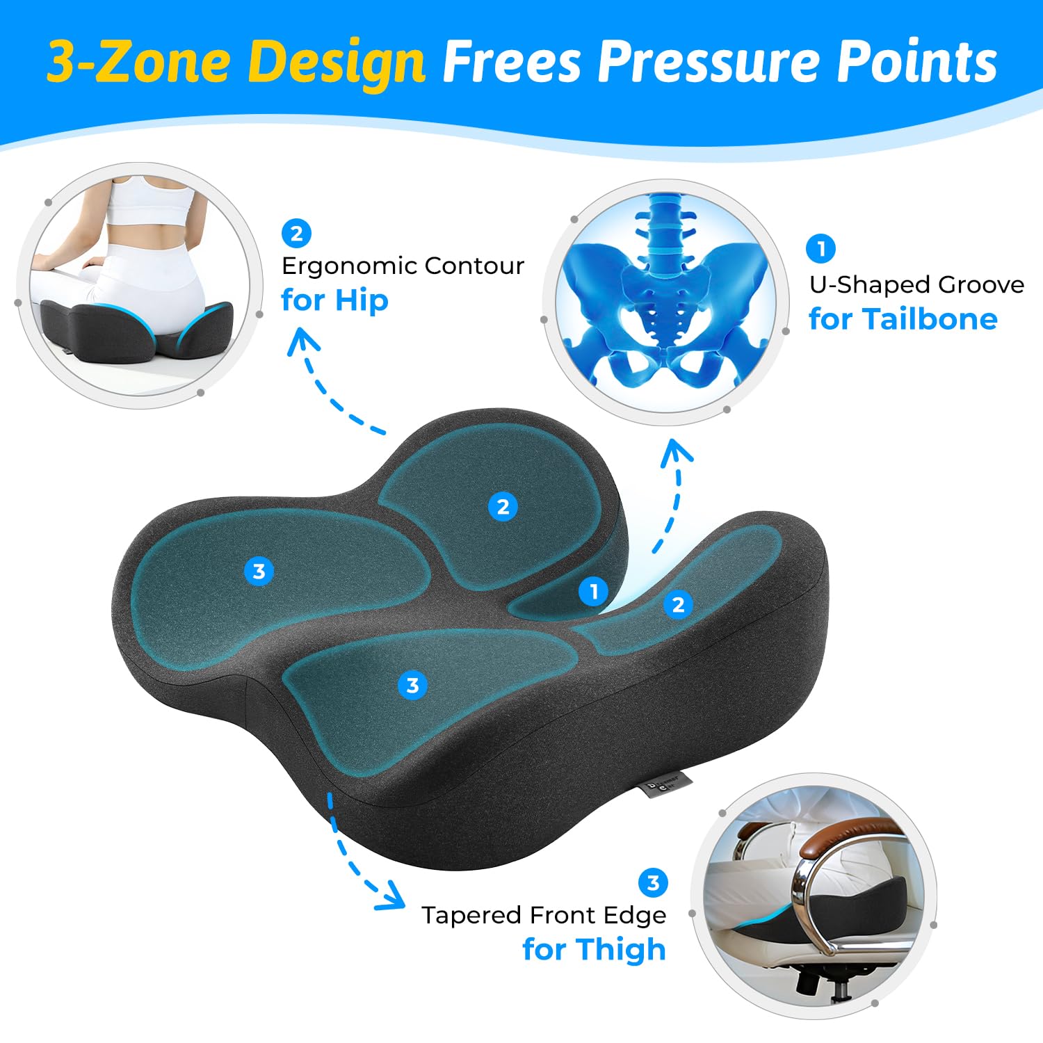 Seat Cushion for Tailbone Sciatica Pain Relief - Plush Yet Supportive Ergonomic Memory Foam Chair Cushions for Office — view 4