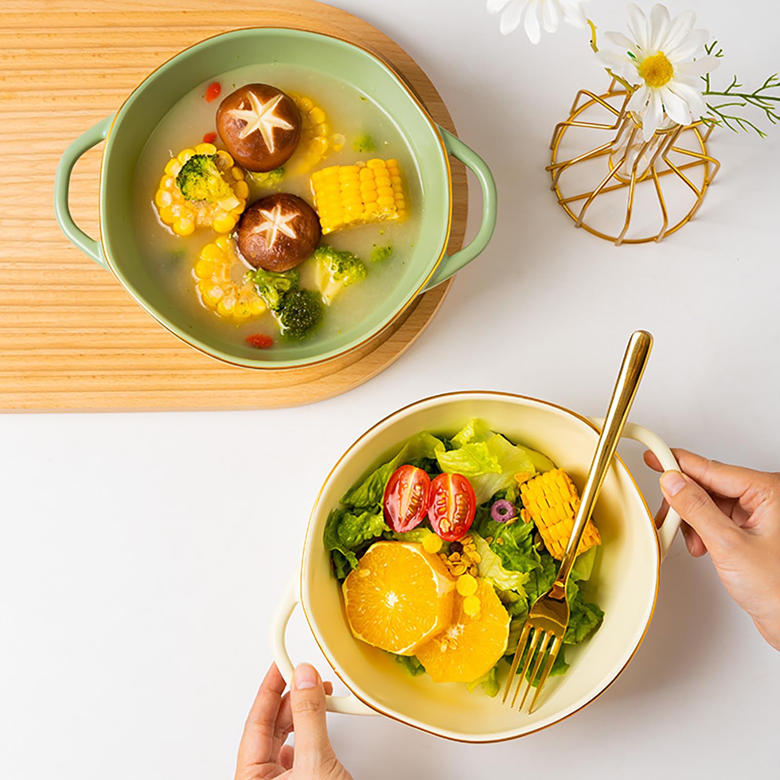 Cuencos de cerámica Coloridos de 10 Pulgadas, Cuencos de Sopa con Doble asa para Pasta, Ensalada, Cereales y Sopa. Apto para microondas y lavavajillas.,Verde