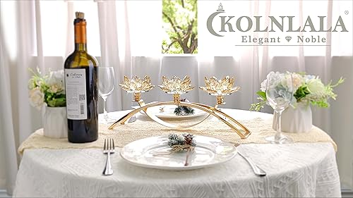 Miniatura 6 de Candelabro de cristal con 3 brazos, candelabro decorativo de flor de loto de cristal, decoración de mesa para vela de pilar de 1.5 pulgadas (dorado)