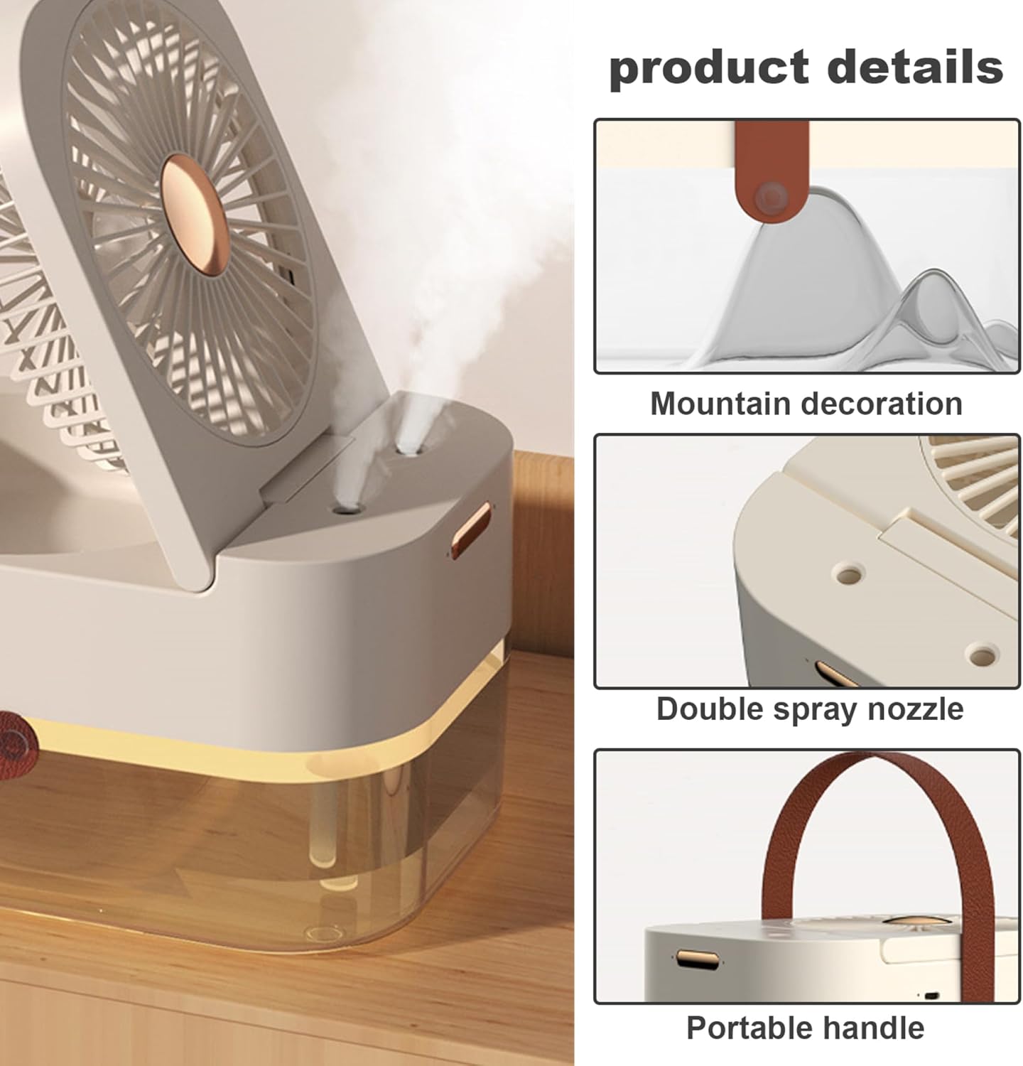 Portable Desk Fan with Mist Spray and Night Light USB Rechargeable Mist Fan with 3 Wind Speeds Quiet Table Cooling Fan with Remote Control for Home, Office, Travel Cooling Fan