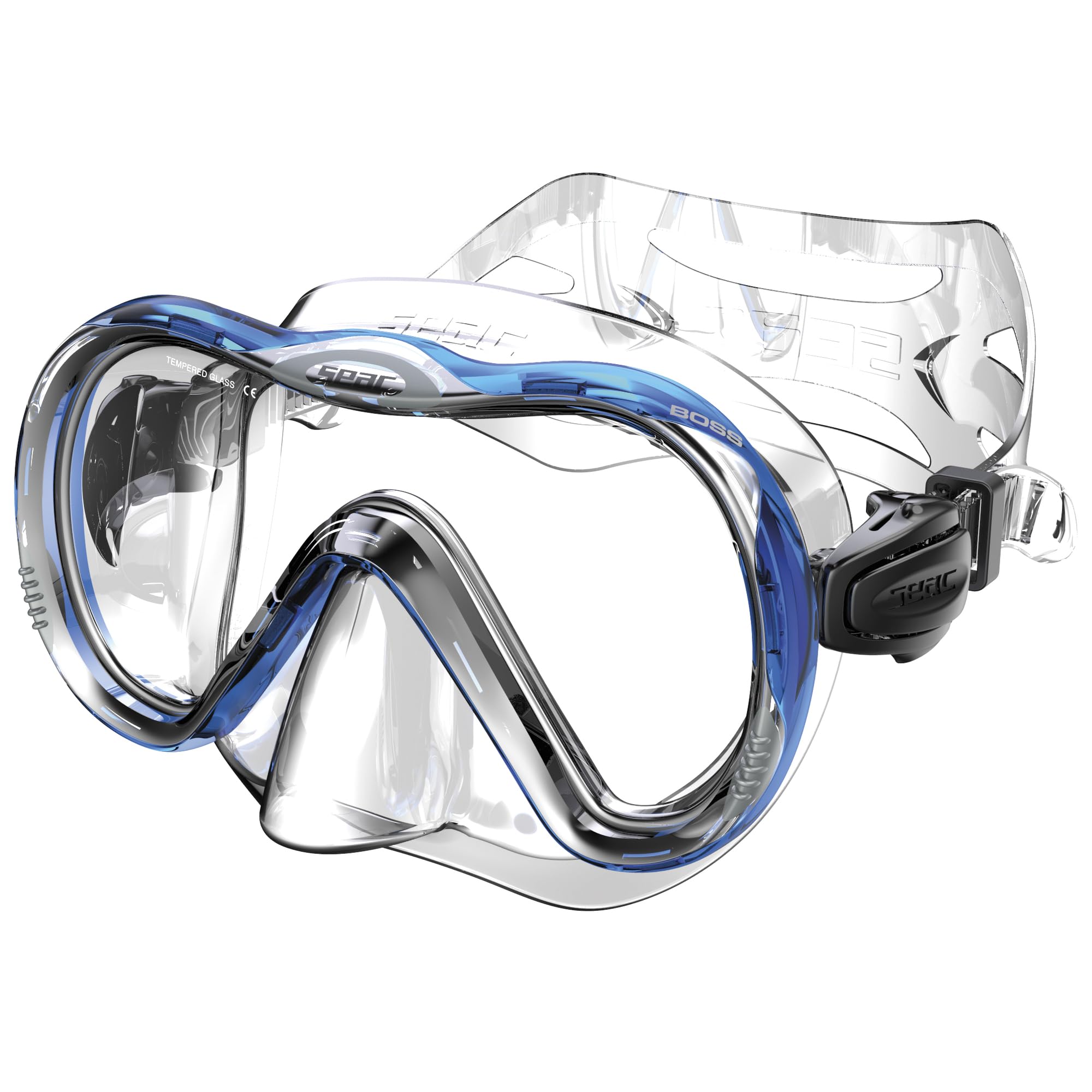 SEAC Boss - Máscara de Snorkel para Adultos de Silicona con Monolente de Vidrio Templado Antiimpacto, Ajuste Rápido, Correa Regulable, Azul, Estuche rígido Negro