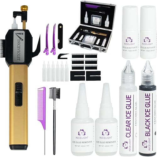 UV Light Hair Extension Kit – Ice Glue Comb Line Machine, Cold Glue & Remover & Extra Fast Curing Agent, Professional Comb Line Human Hair Extensions kit Without V Light for Salon (Gold-Kit)