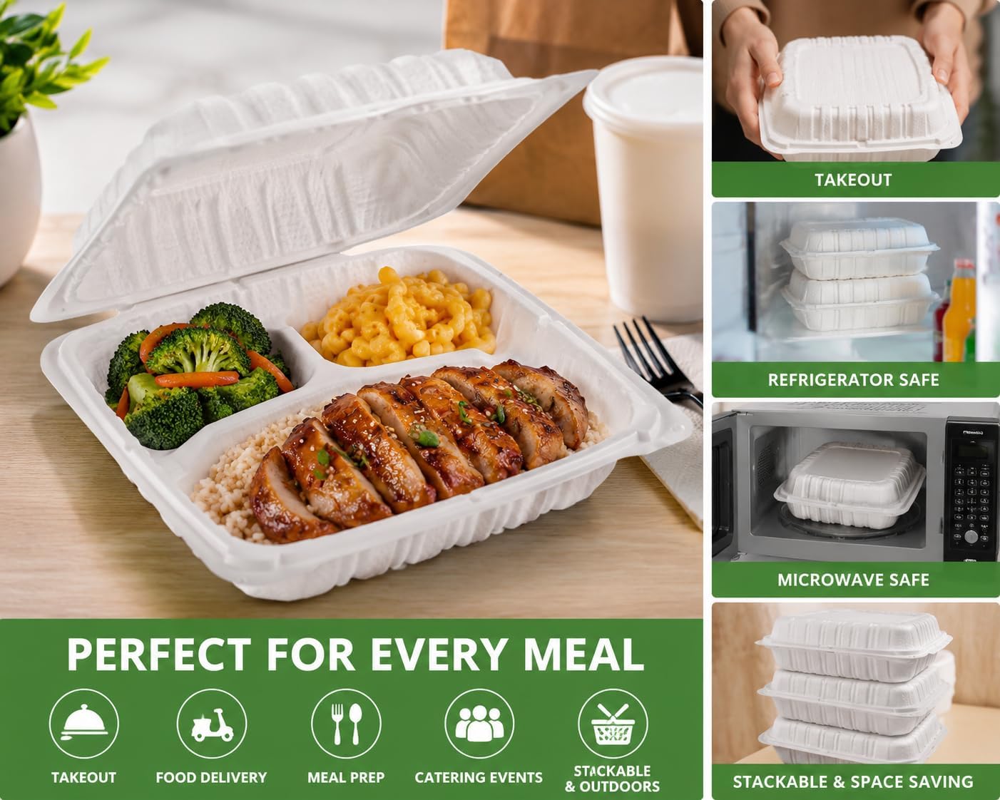 8" x 8" Hinged Clamshell Takeout Containers – 3 Compartments Disposable Food Containers, Heavy Duty Leak-Resistant To-Go Boxes, Microwaveable with Corner Lock – 20 Pack
