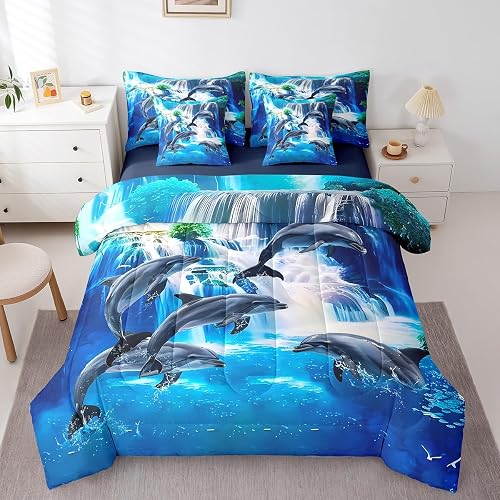 Feelyou Dolphin Full Size - 7 Pcs Bed in a Bag Set Jumping Dolphins Comforter Se