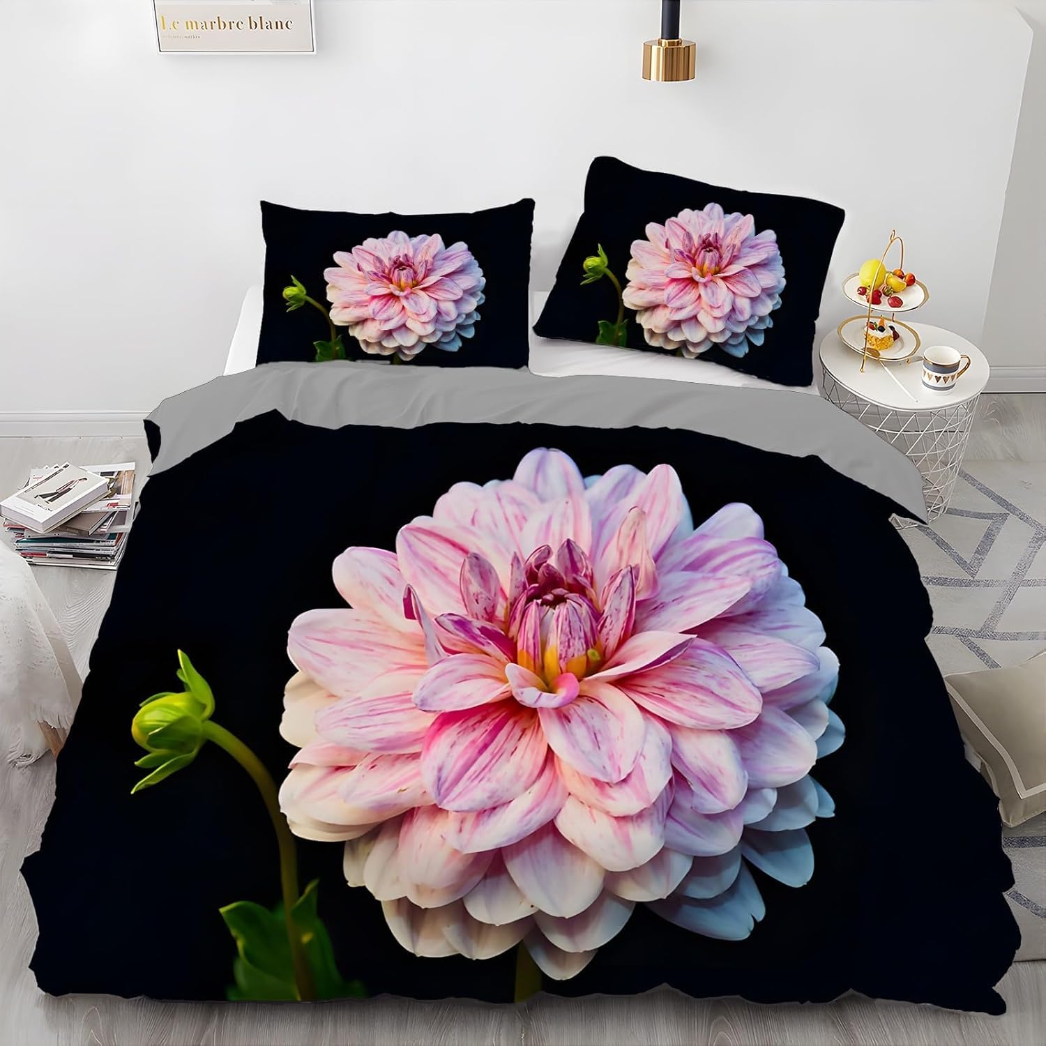Housse de couette 220x240 fleurs roses imprimée 3D avec 2 taies en microfibre douce