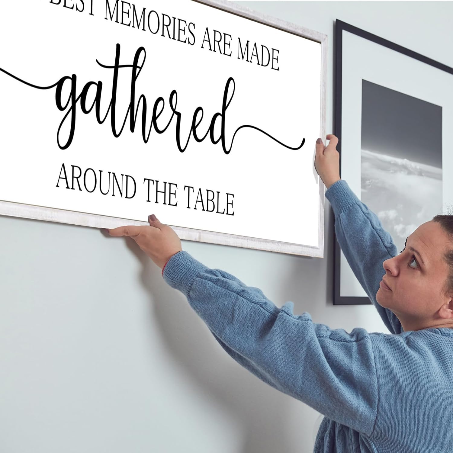 Rutiyoka the Best Memories are Made Gathered Around the Table Sign Framed Farmhouse Dining Room Wall Decor Large 42"×15" Wood Kitchen Wall Art White