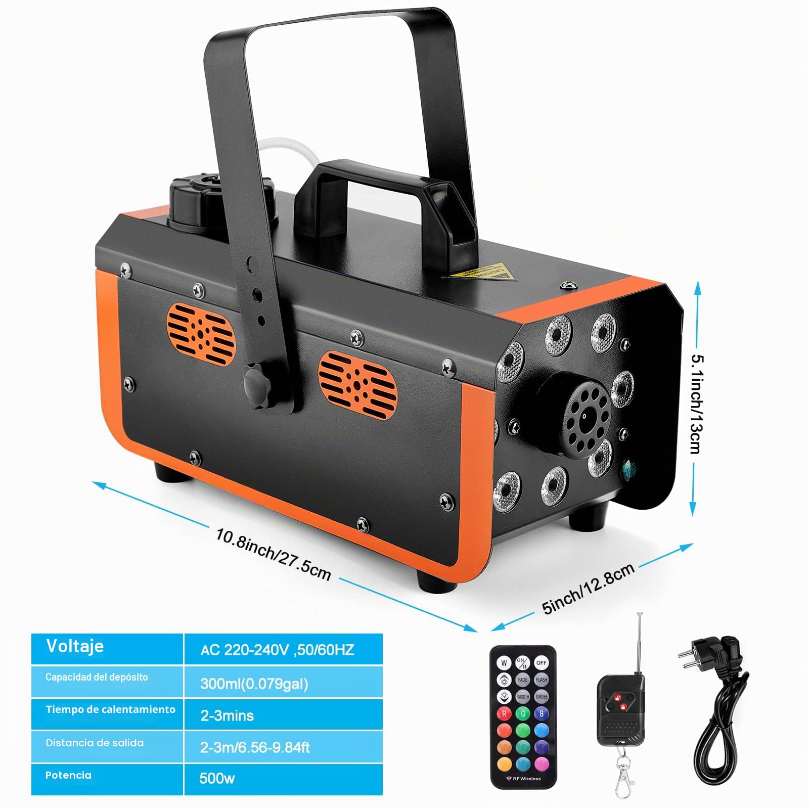 HAKUTA Máquina de Humo a Prueba de Lluvia, 8 LED con 4 Efectos para Fiestas | Resistente a Salpicaduras, Luces y Humo Control Independiente, 2 Mandos, 13 Colores, 300ml, para Bodas/Halloween/DJ