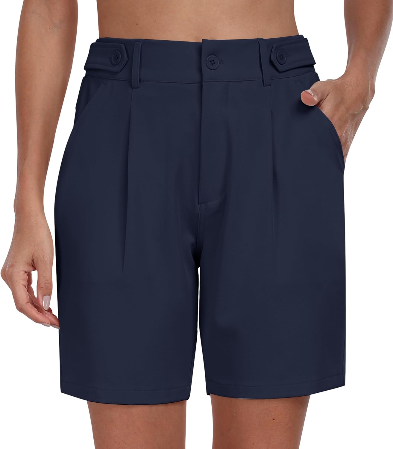 MoFiz Women’s Shorts Dressy Casual Business Work Shorts Elastic Waist Straight Leg Pleated Summer Bermuda Shorts with Pockets