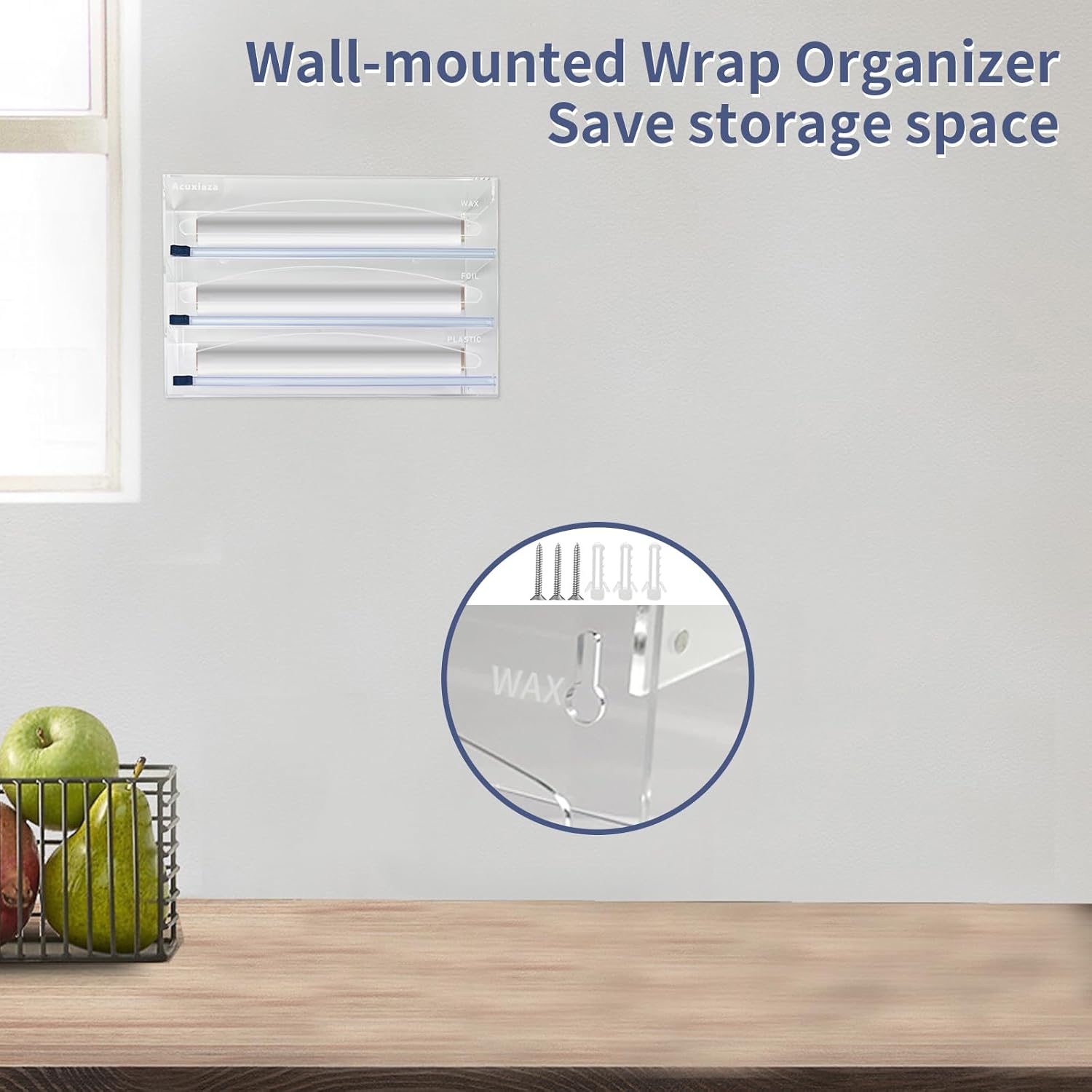 3 in 1 Wrap Organizer with Cutter Acrylic Wax Paper Dispenser Foil and Plastic Wrap Organizer Aluminum Foil Holder for Kitchen Drawer and Wall-Mounted Compatible with 12" Roll