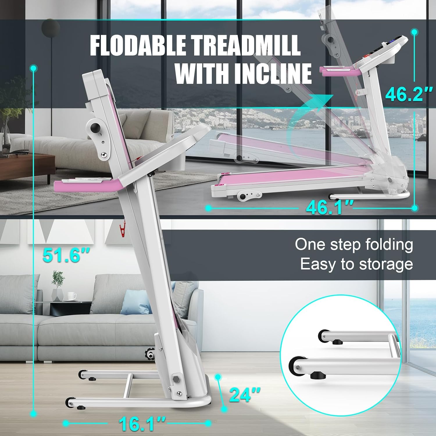 FYC Compact Folding Treadmill for Home - 2.5HP Quiet Brushless Motor, 3-Level Incline, 7.5 MPH, Shock Absorption, Space-Saving Design for Running, Walking - Treadmill for Small Spaces & Home Use