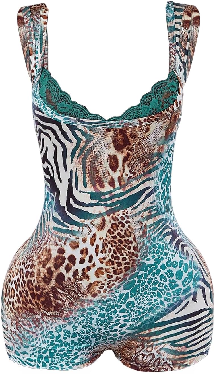 WDIRARA Women's Leopard Sleeveless Bodycon Romper Lace Trim Shorts Jumpsuits Unitards