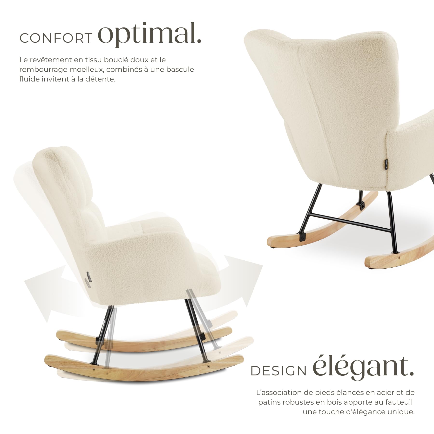 tectake® Rocking Chair Fauteuil à Bascule avec Accoudoirs Fauteuil scandinave motif matelassé Chaise Relax rembourée Cadre en Acier Fauteuils Salon Veranda Chaise Ergonomique idéal Détente Allaitement