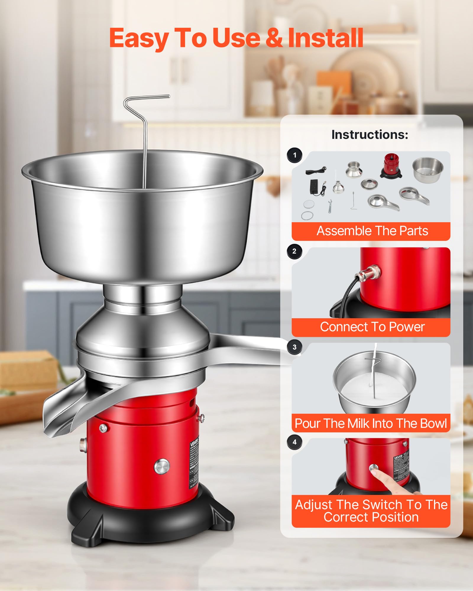 VEVOR Separatore di Latte Elettrico 40 W, Separatore di Latte da 60L/h con Base Rotondo Controllo a Pulsante, Macchina per Separazione di 10500 giri/min, Centrifuga per in Acciaio Inox 304