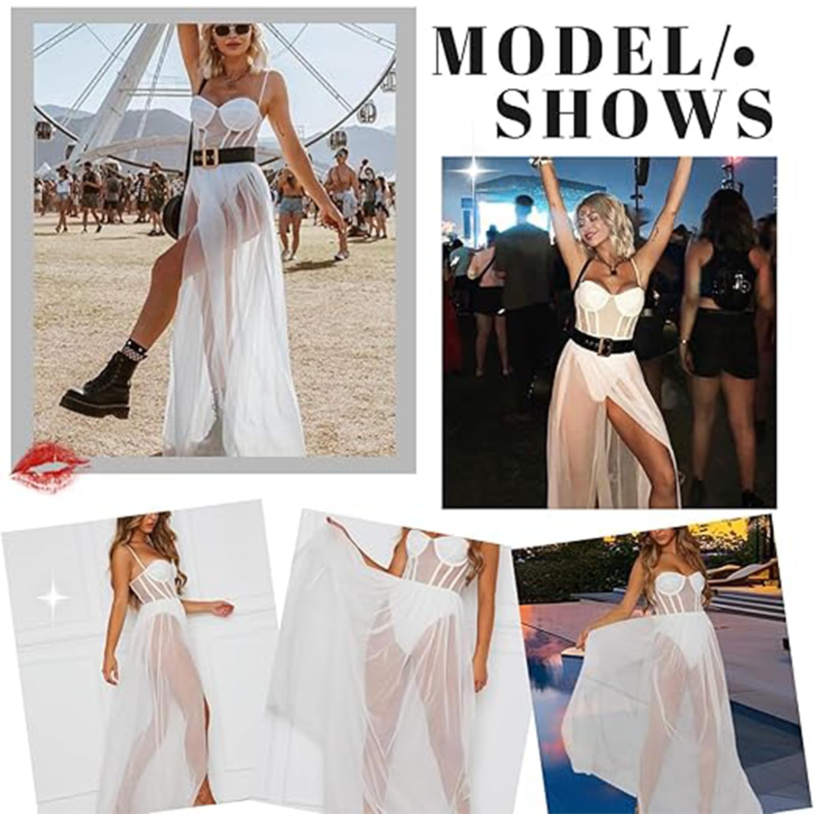 Robe Longue Moulante en Maille Transparente pour Femme avec Fente sur Le côté et Lingerie intégrée