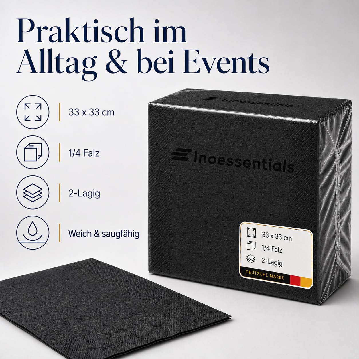 Inoverse 1000 servilletas de 2 capas, pliegue 1/4, 33 x 33 cm, color negro, servilletas de papel desechables para bodas, fiestas y gastros, servilletas decorativas de mesa