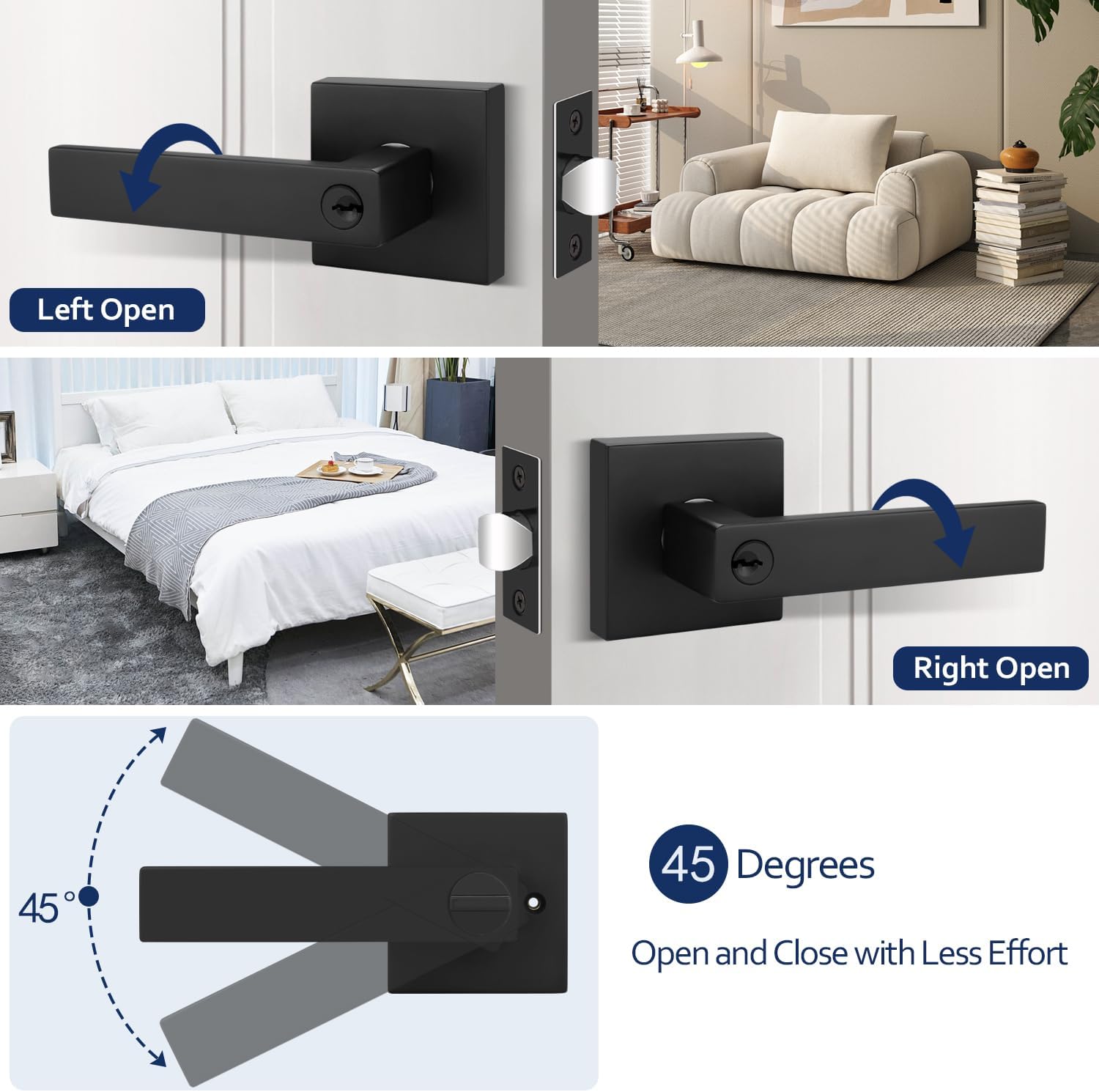 1 Pack Interior Door Handle, Black Door Knobs, Bedroom Door Knobs with Lock, Keyed Entry Door Handle, Different Keys, Lever Door Handle, Reversible for Left/Right Handed Doors