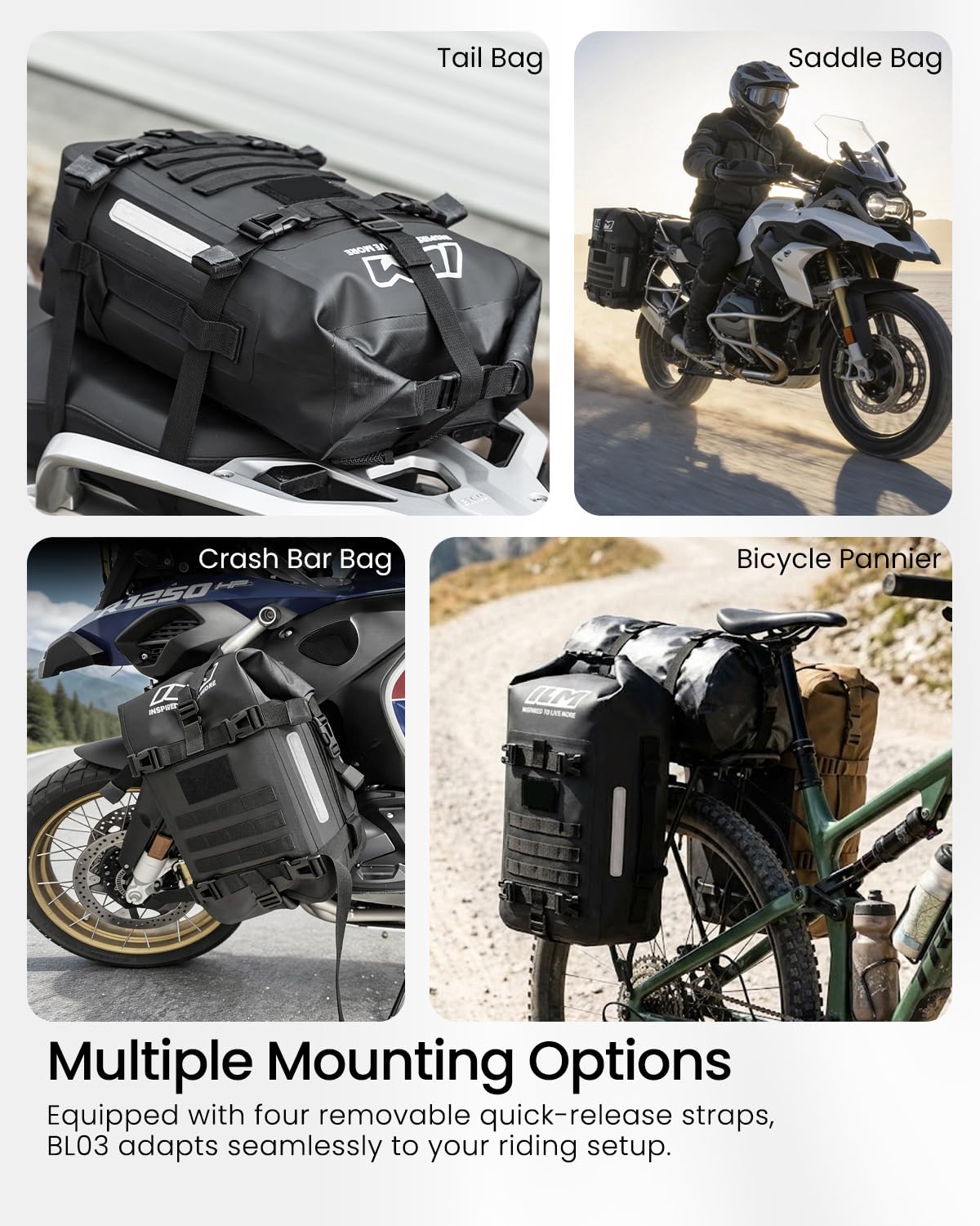 ILM Bolsa Moto 16 L Impermeable Bolsa para Barra de Protección Alforjas Moto PVC 600D Negro para Motos y Bicicletas Modelo BL03