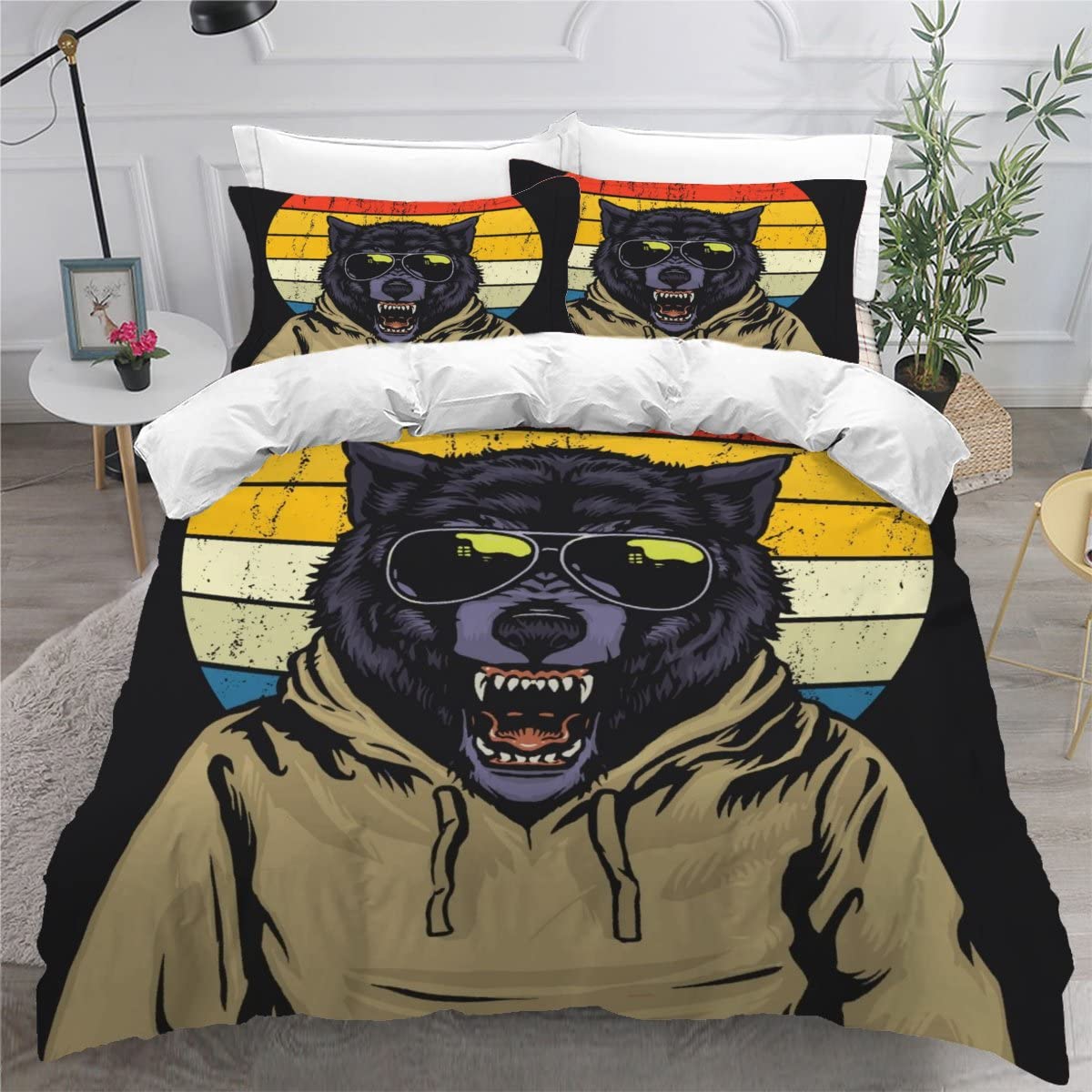 Housse de couette loup style fun pour chambre ado et adulte, parure de lit microfibre 200x200