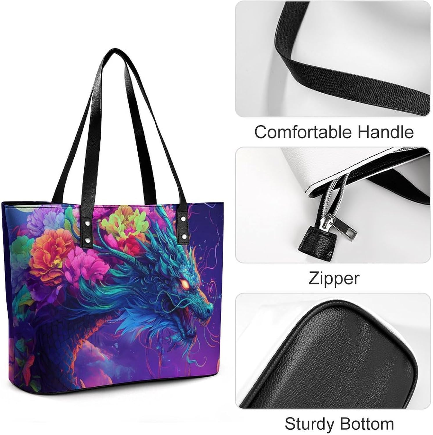 Dragon with Flowers Moon Night Women's Satchel Handbags Tote Shoulder Bag Purses for Travel Shopping Work