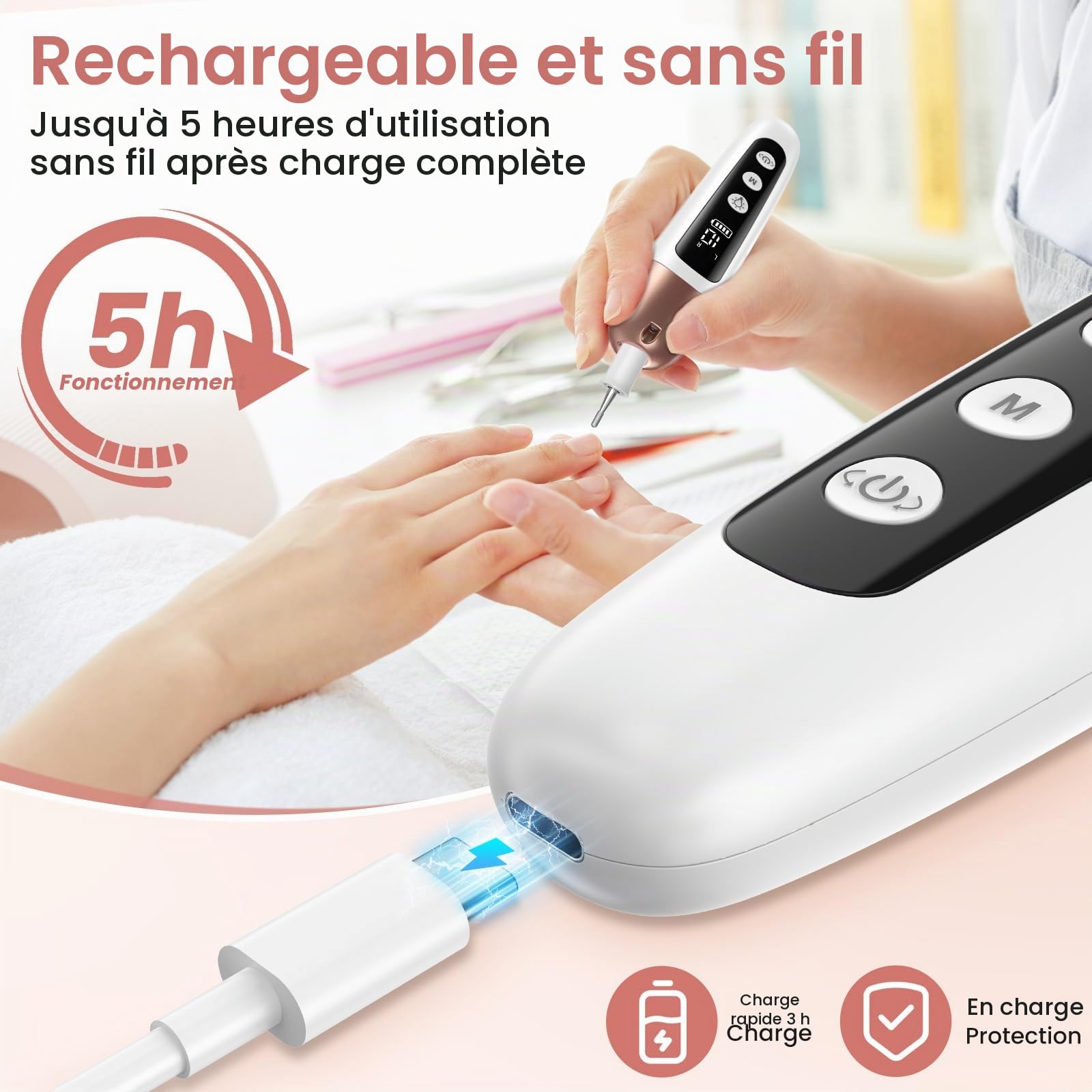 Set de manucure/pédicure, Kit Manucure Pedicure Sans Fil, Ponceuse pour Ongles Professionnel avec Batterie, Kit de Soin des Ongles électrique avec 6 Embouts, Lumière LED, Lime a Ongle Electrique