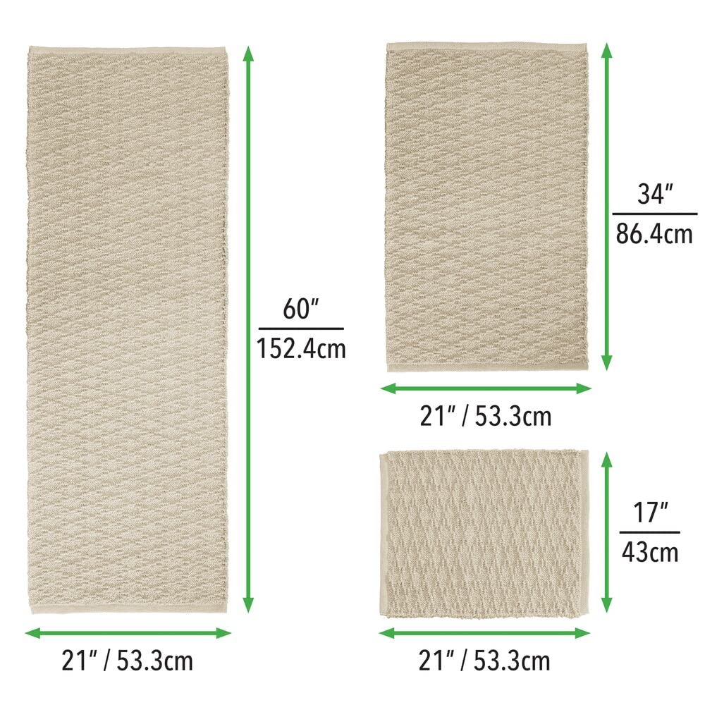 mDesign Soft 100% Cotton Luxury Rectangular Spa Mat Rugs, Water Absorbent, Diamond Design - for Bathroom Vanity, Tub/Shower, Machine Washable - Runner, Standard & Small Rug - Set of 3 - Linen/Tan