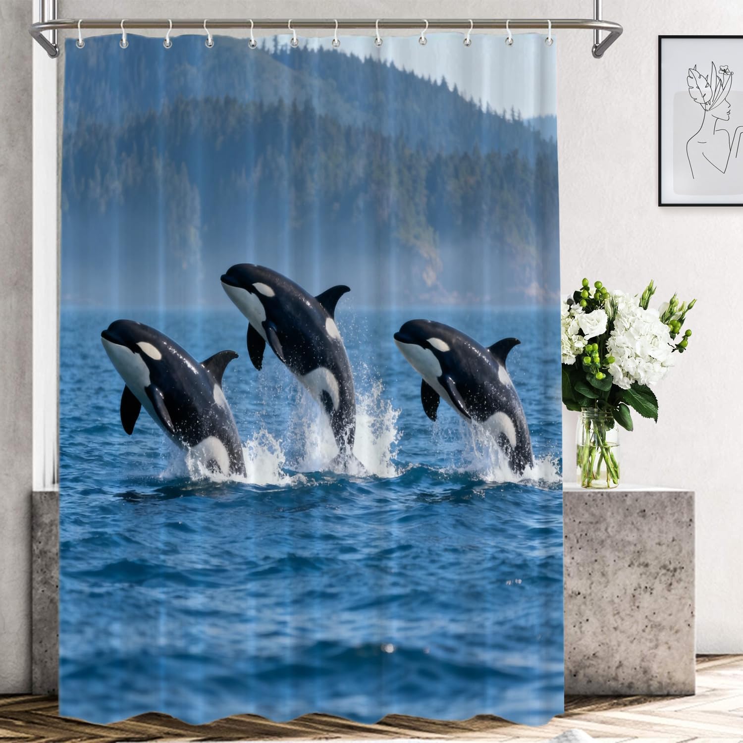 Shrahala Whale Seattle Decorative Shower Curtain, Orca Whales Seattle Washington for Home Decor Bathtubs Bathroom Decor Waterproof Shower Curtain 72x72 inch