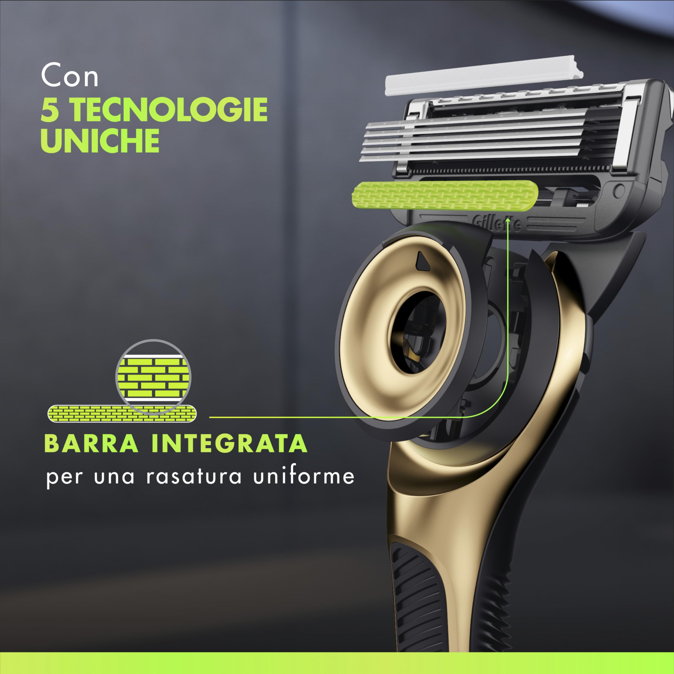 GilletteLabs Rasoio A Mano Libera Con Barra Esfoliante Champion Gold Edition, 1 Manico + 5 Lamette Di Ricambio, Include Un Gancio Da Parete E Una Custodia Da Viaggio