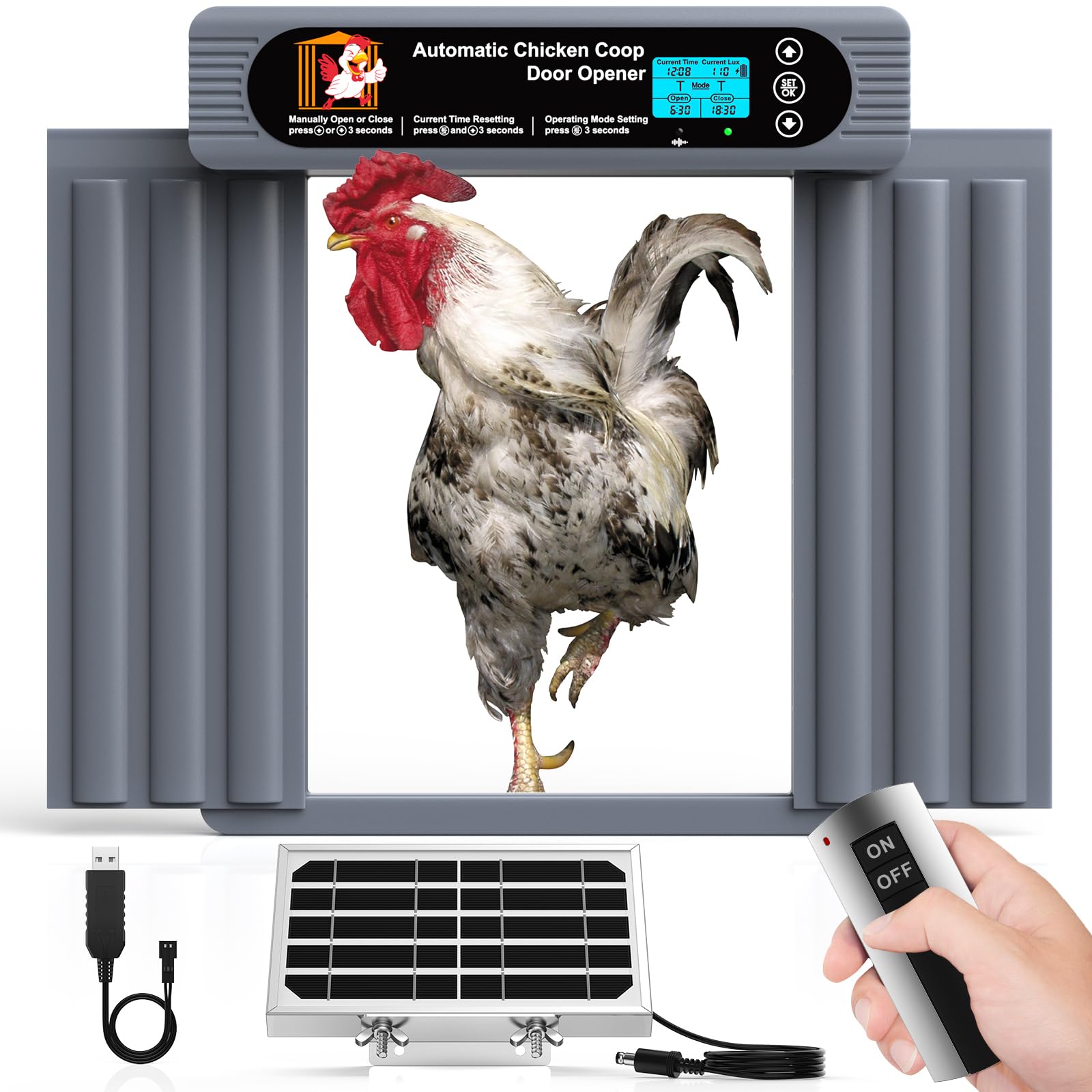 Puerta automática de gallinero, tamaño extragrande, diseño antipellizcos, temporizador programable y modos de sensor de luz, pantalla LCD grande, abridor automático de puerta de pollo
